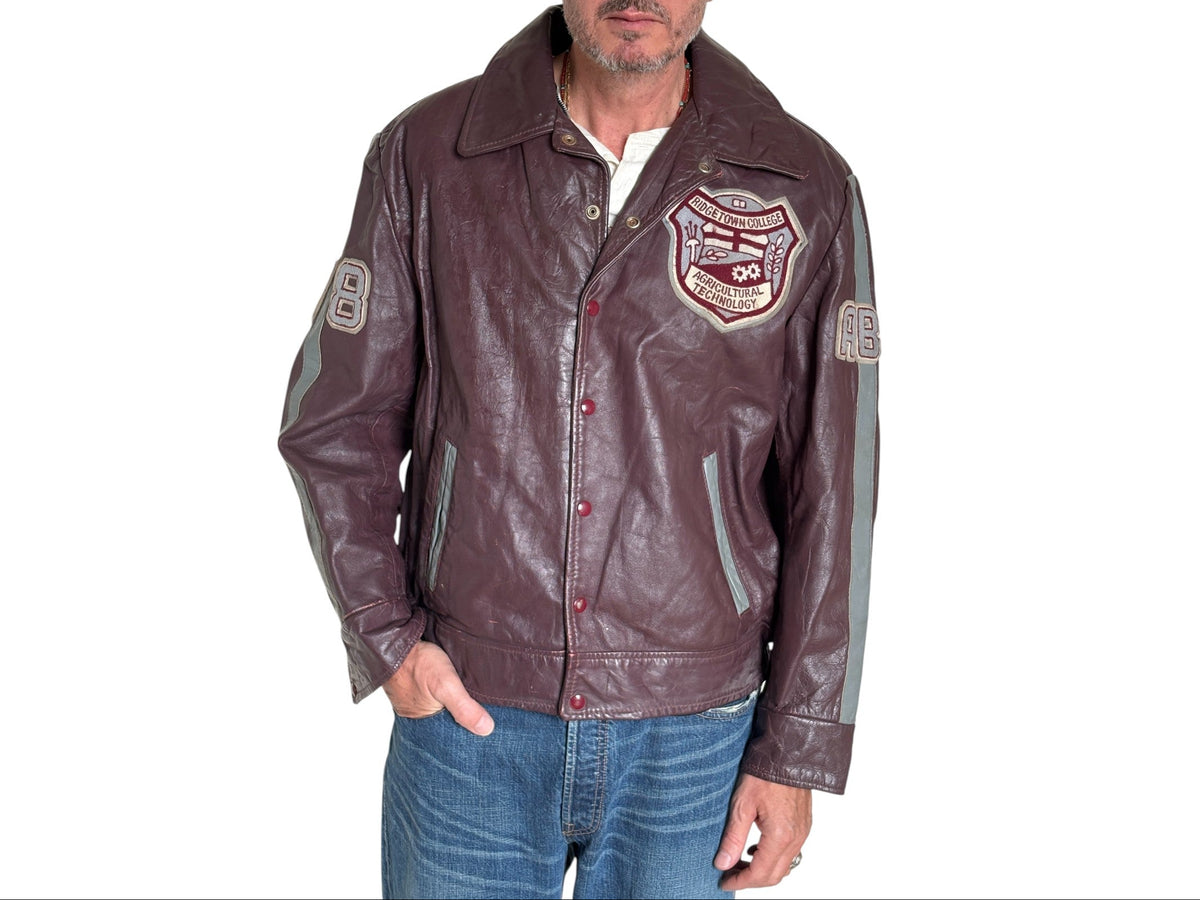 Size XL. Vintage 90s Varsity Leather Jacket – Canadian Made – College Style – Soft Leather –-AJ357 Studio