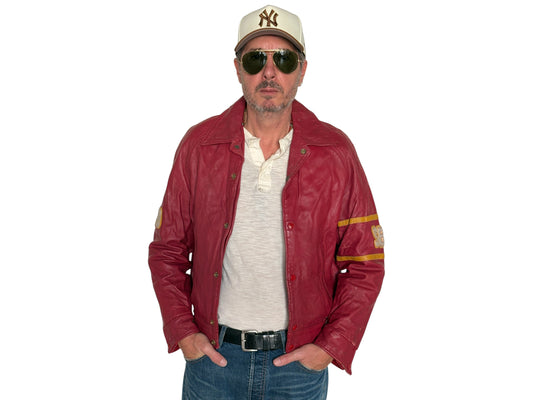 Size 38US / 48EU. Vintage 1970s Redmen Leather Varsity Jacket — St. Boniface College Style — Canadian Sports Team Bomber #29 SB Patch