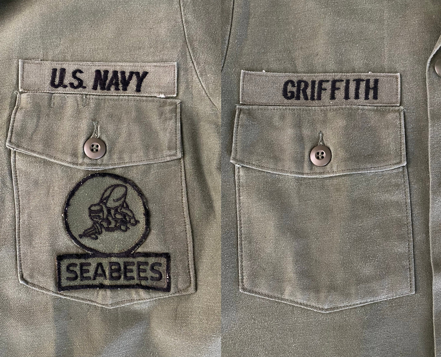 Size M. Authentic Seabees US Army 70s Vietnam era Vintage OG-107  fatigue Shirt.