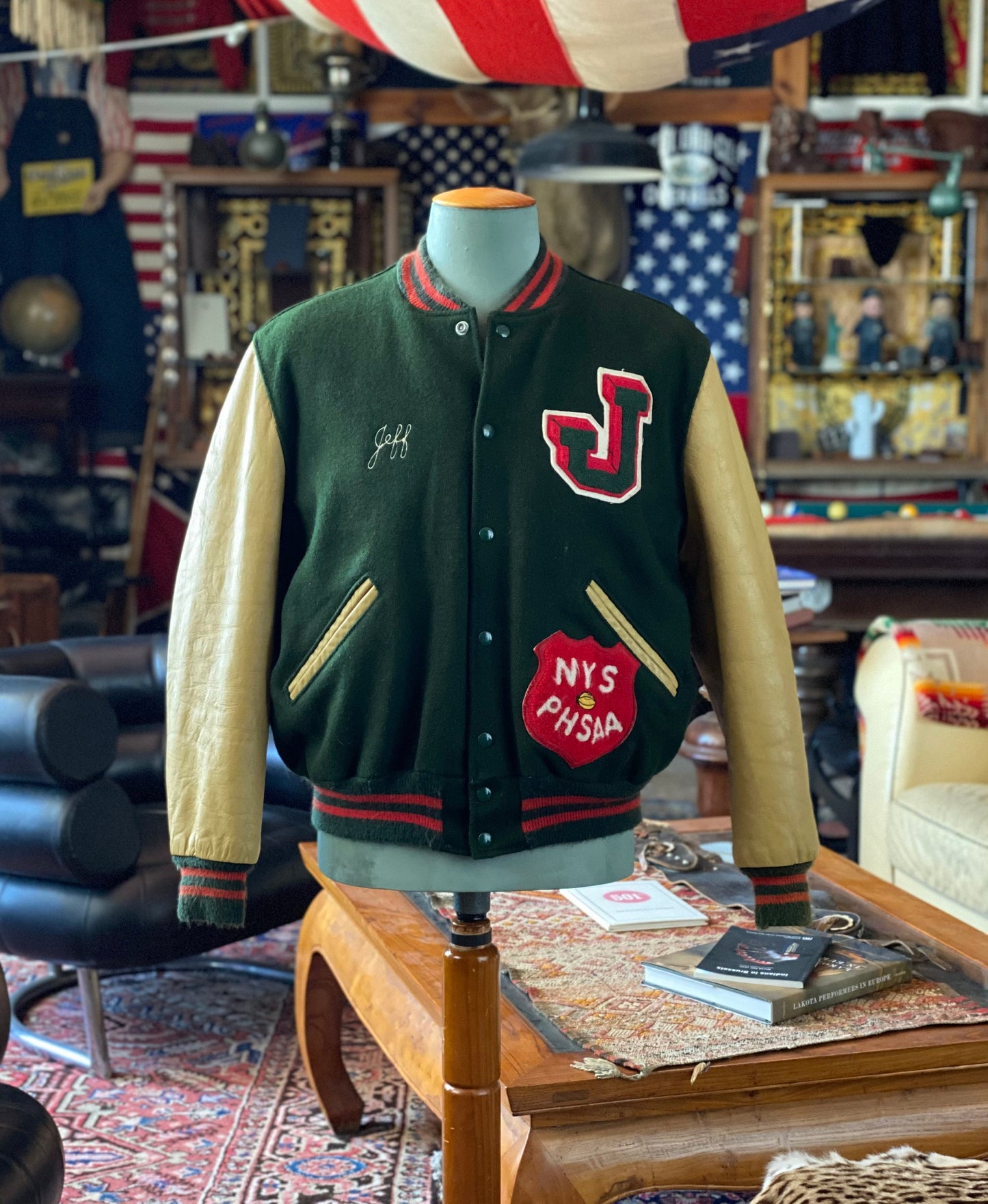 Size 44USA (54 EU) Vintage NYS PHSAA varsity letterman leather sleeve jacket