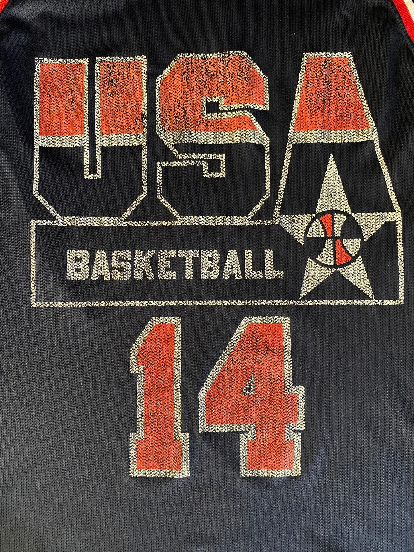 Vintage distressed 90s USA Team Champion NBA jersey with player Mourning #14, size 48 - front view.