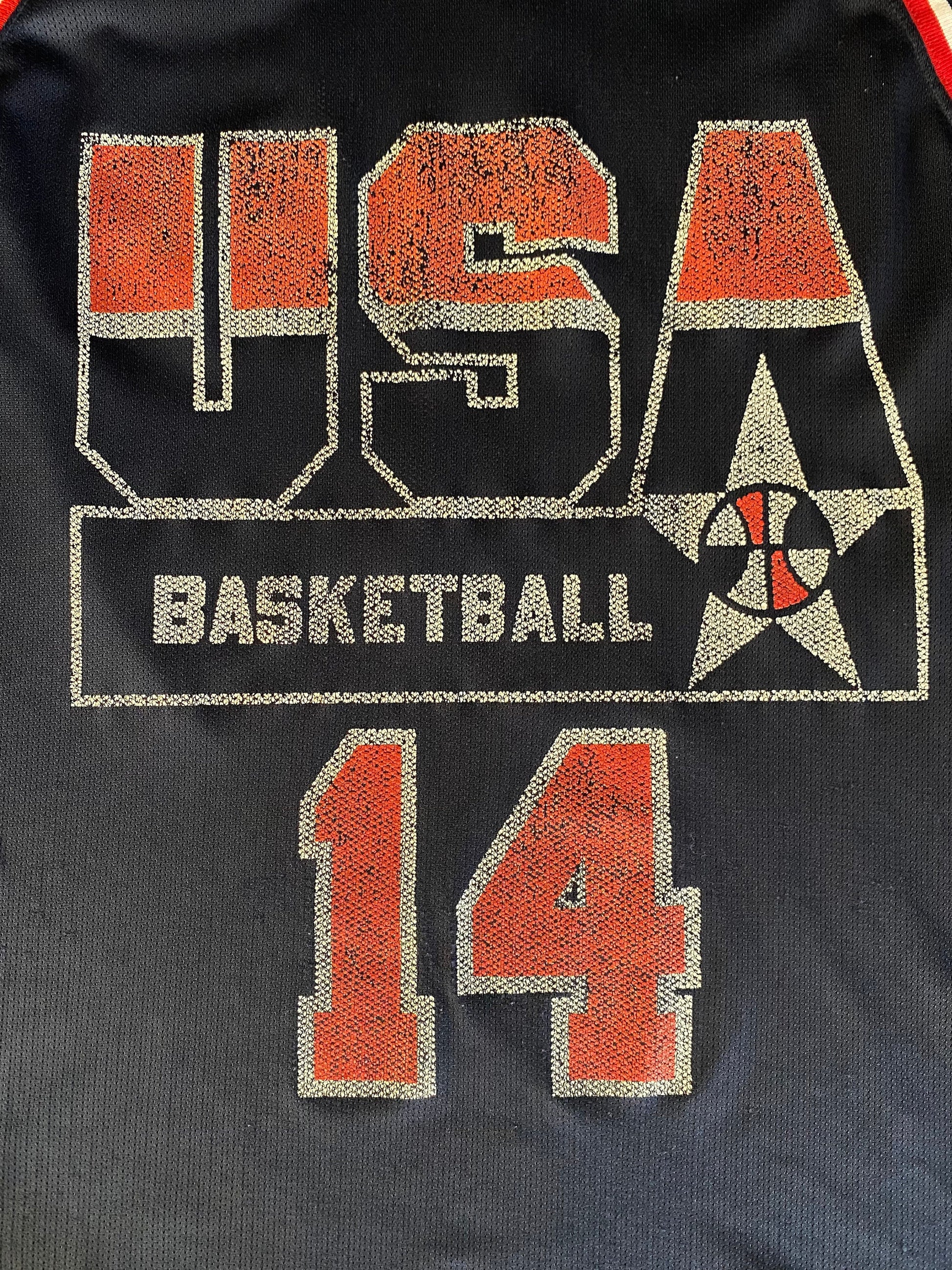 Vintage distressed 90s USA Team Champion NBA jersey with player Mourning #14, size 48 - front view.
