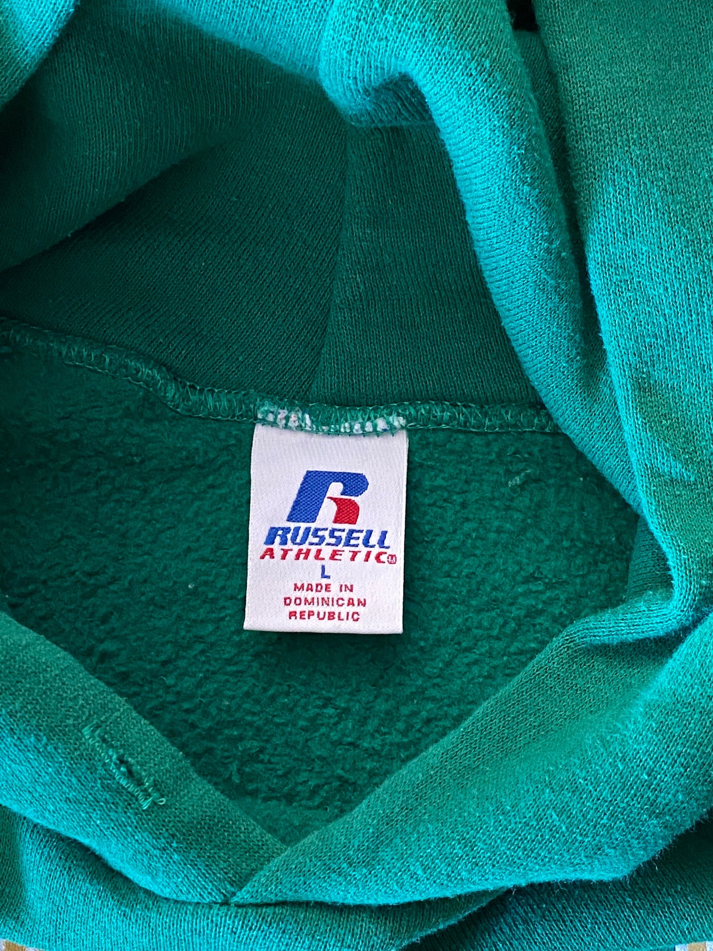 Size L. vintage 90s hooded sweatshirt made by Russell Athletic