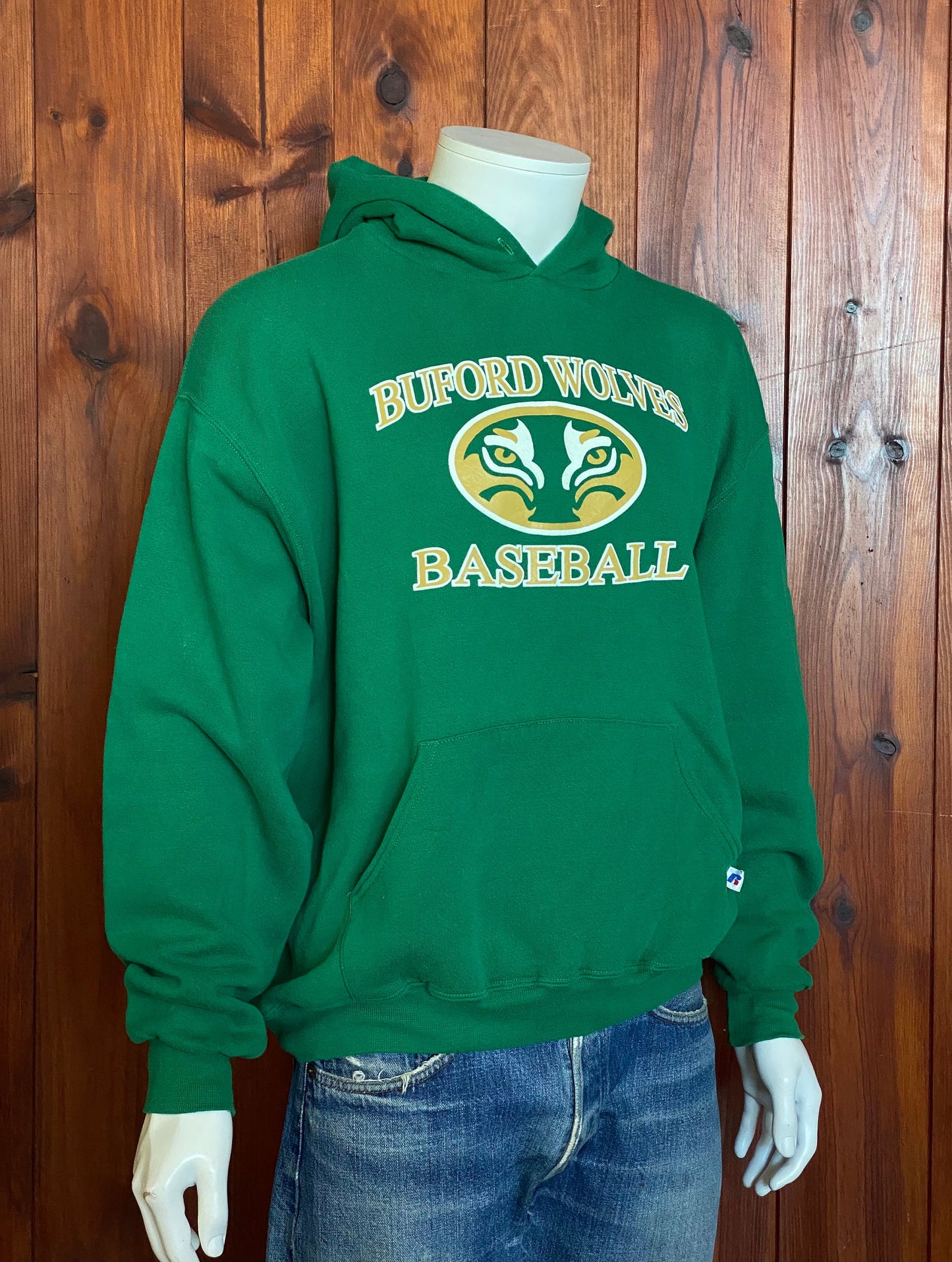 Size L. vintage 90s hooded sweatshirt made by Russell Athletic