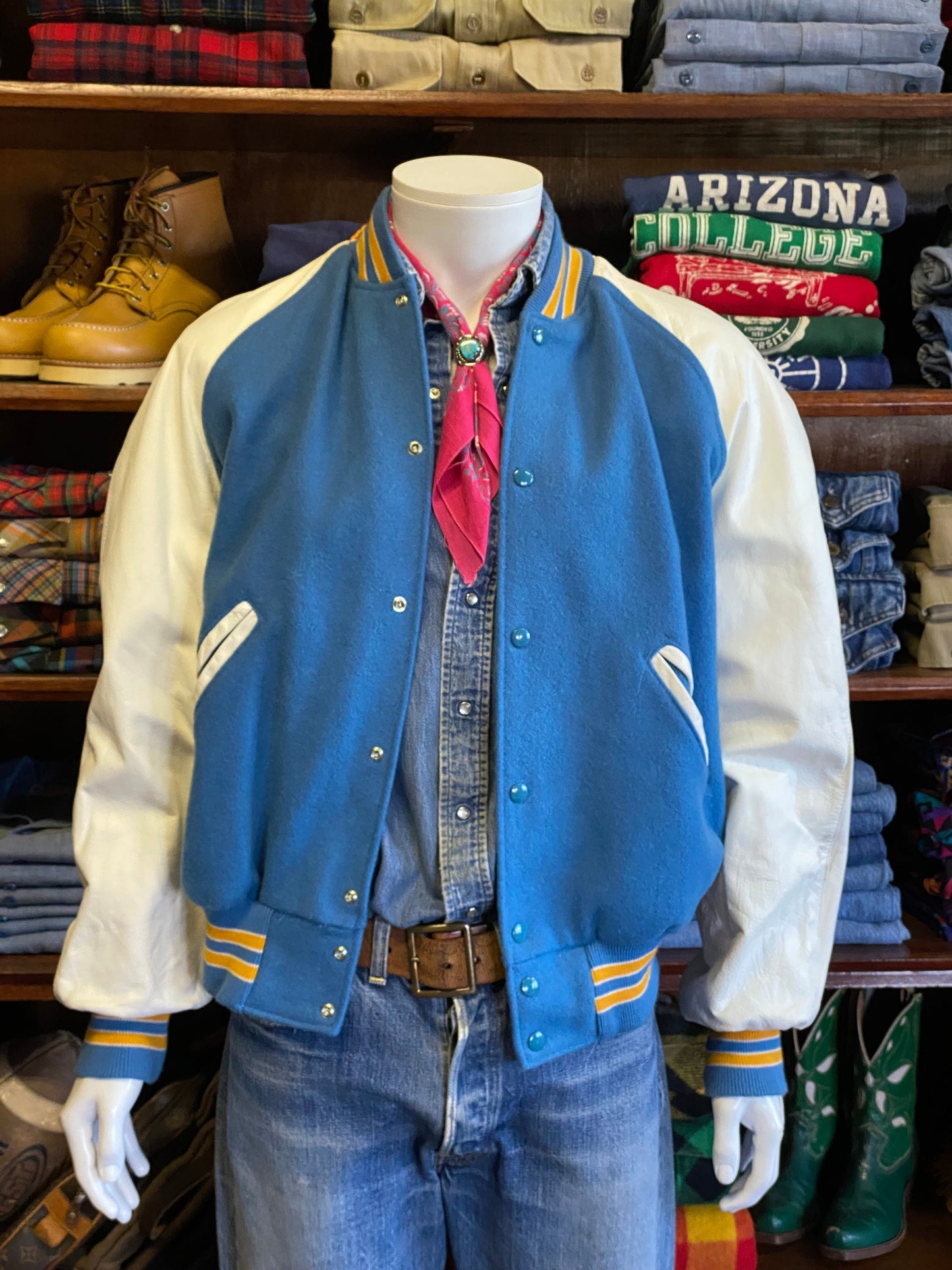 Size Medium. Leather sleeve  Vintage 90s Varsity  jacket Made In USA
