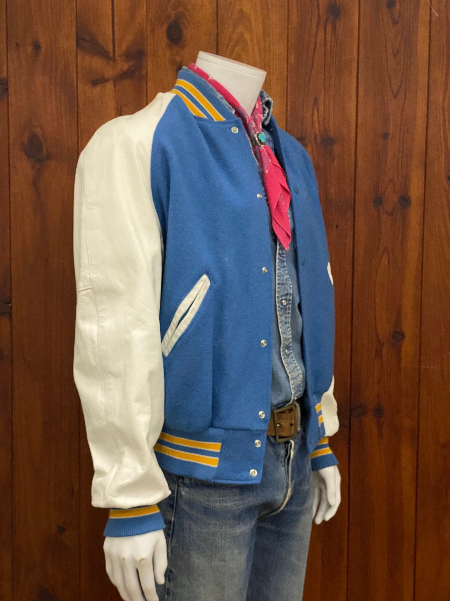 Size Medium. Leather sleeve  Vintage 90s Varsity  jacket Made In USA