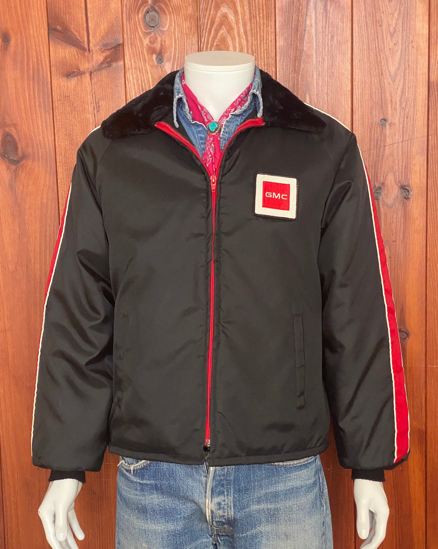 Size XL. Vintage satin GMC quilted racing jacket Made in USA by Horizon sportswear