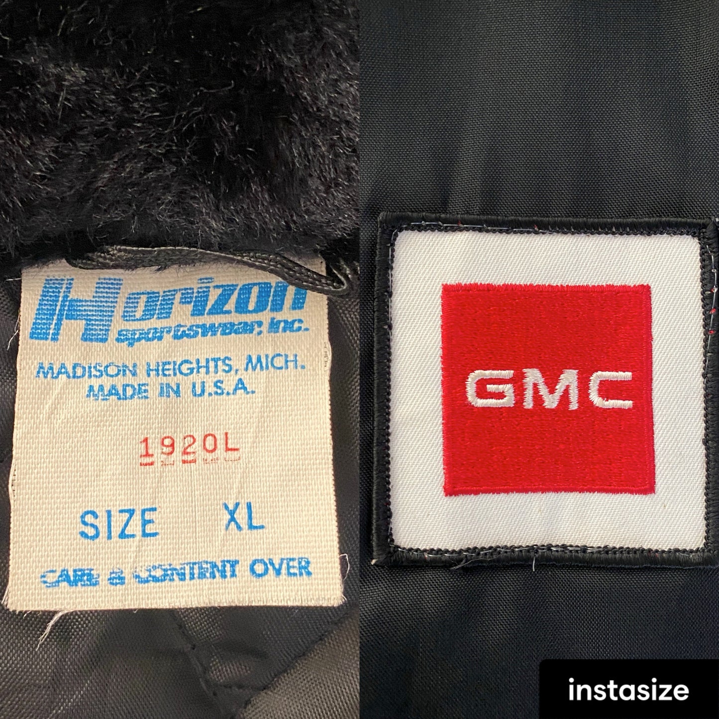 Size XL. Vintage satin GMC quilted racing jacket Made in USA by Horizon sportswear