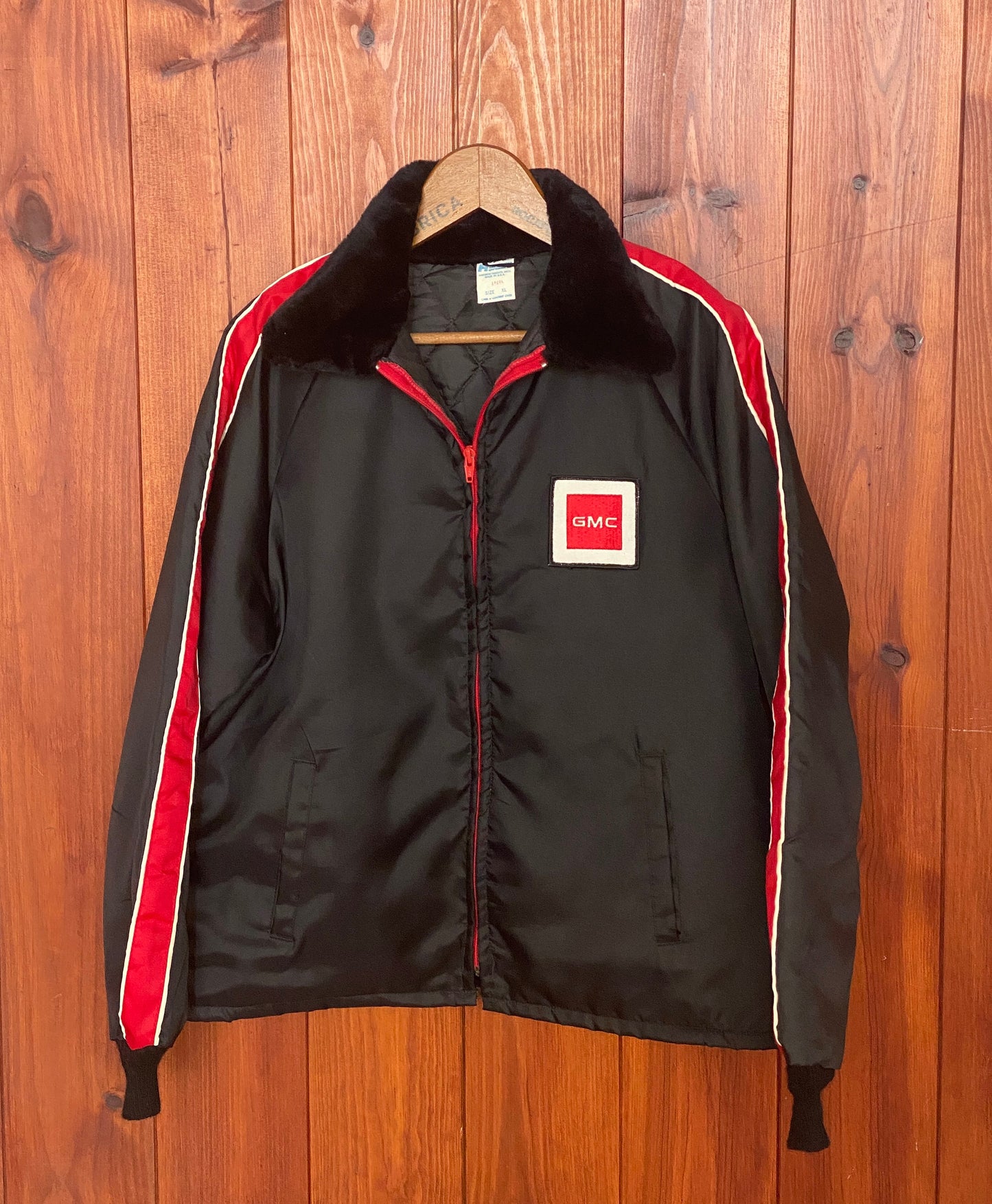 Size XL. Vintage satin GMC quilted racing jacket Made in USA by Horizon sportswear