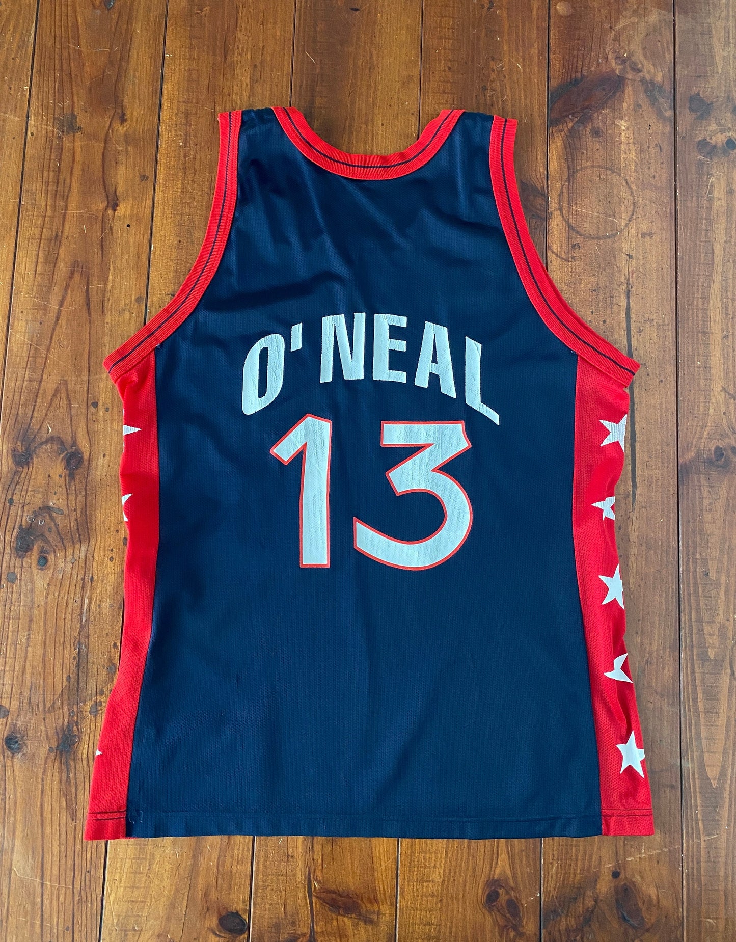 Vintage 90s NBA Champion USA Olympics Dream Team jersey, size 44, featuring Shaq O'Neal #13 - back view. Made in USA.