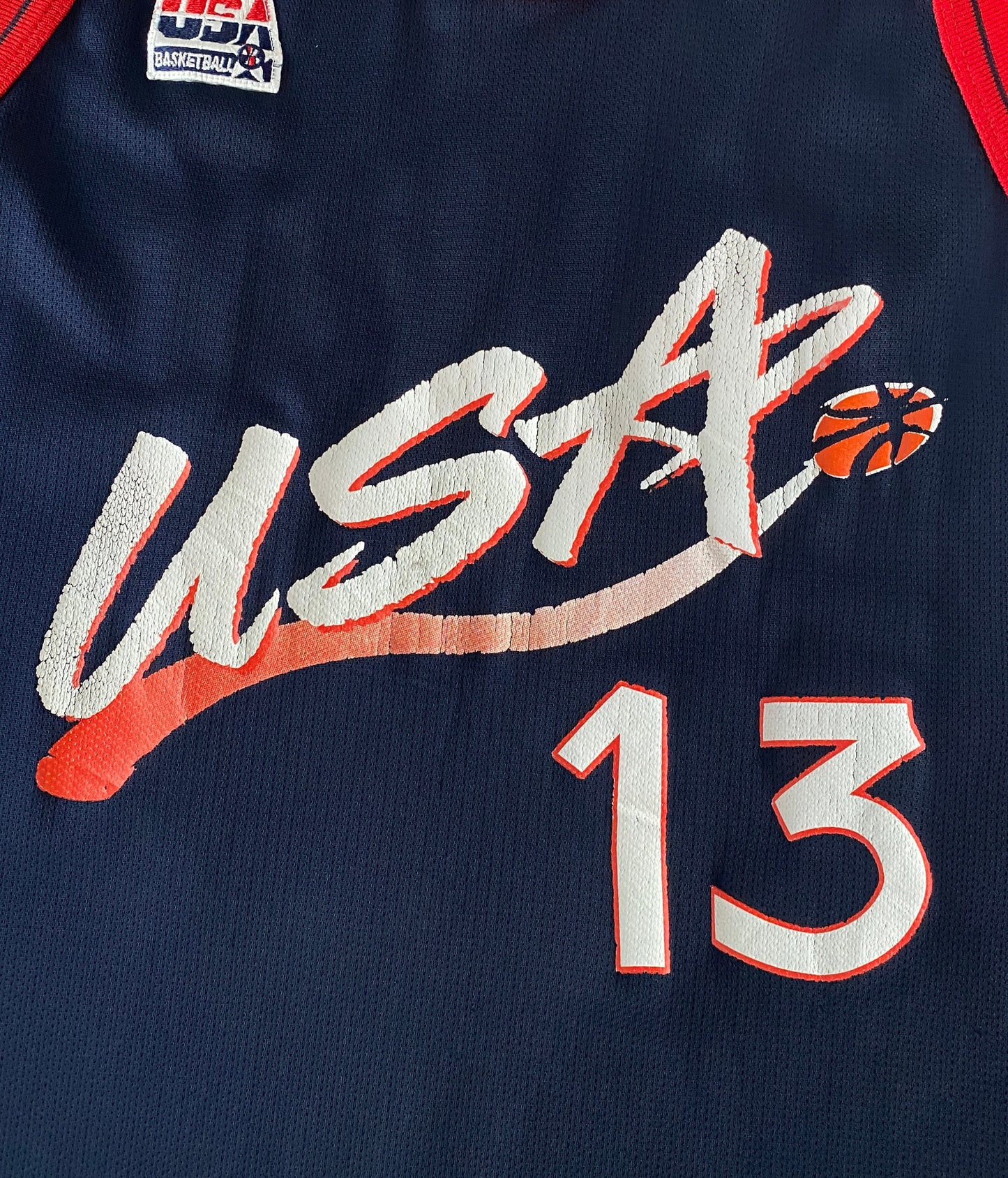 Vintage 90s NBA Champion USA Olympics Dream Team jersey, size 44, featuring Shaq O'Neal #13 - front view. Made in USA.