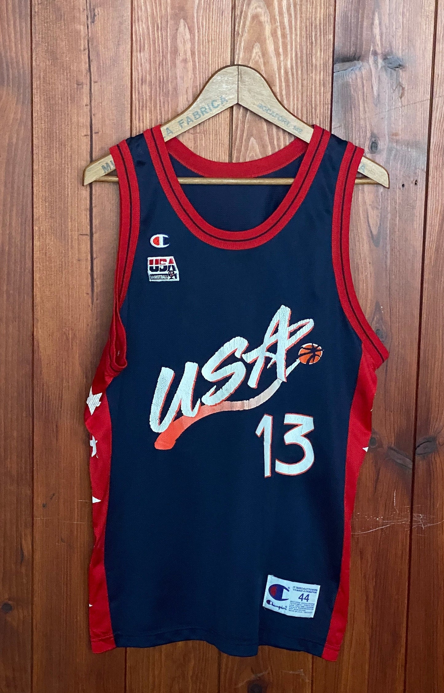 Vintage 90s NBA Champion USA Olympics Dream Team jersey, size 44, featuring Shaq O'Neal #13 - front view. Made in USA.