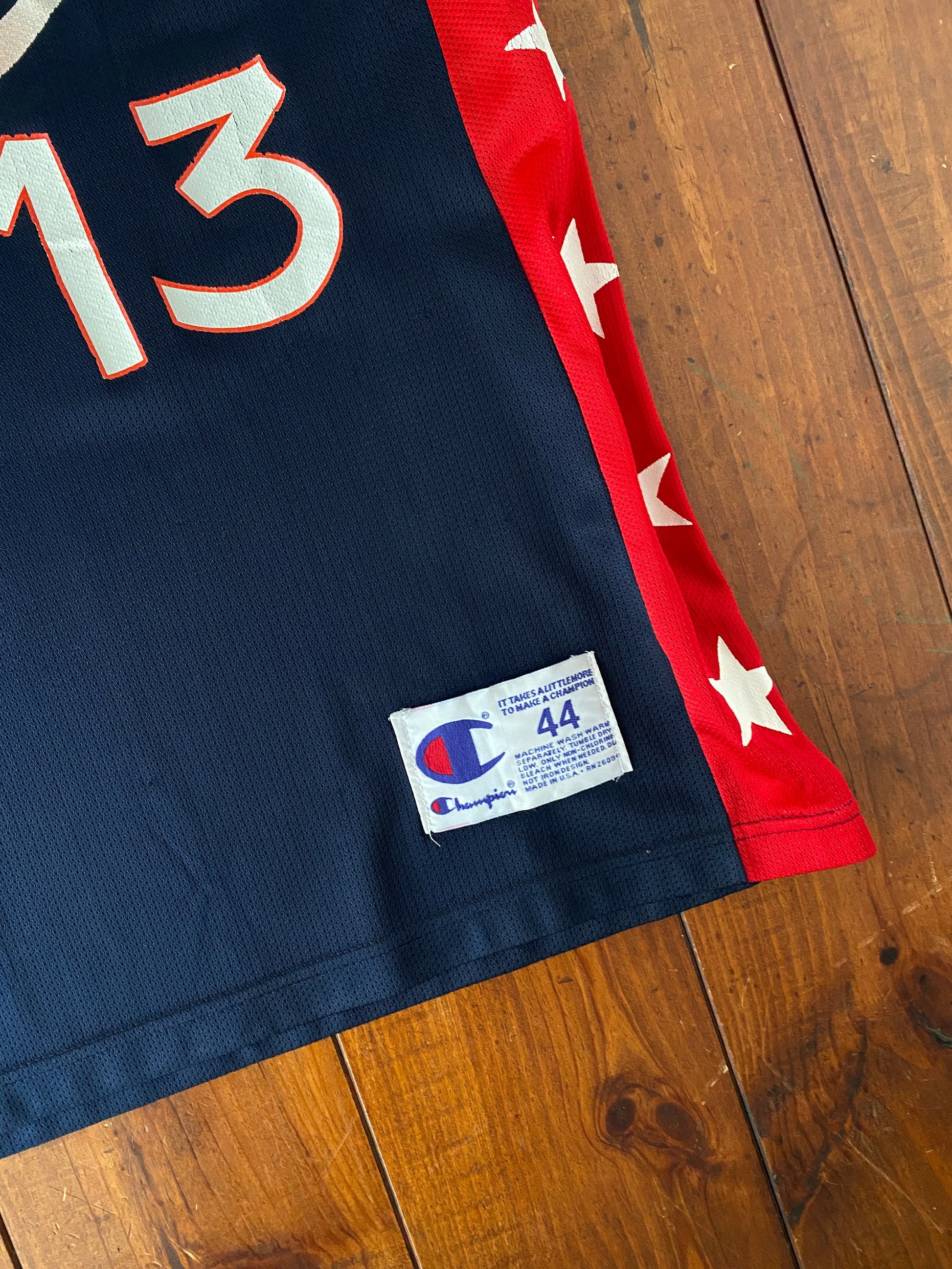 Vintage 90s NBA Champion USA Olympics Dream Team jersey, size 44, featuring Shaq O'Neal #13 - front view. Made in USA.