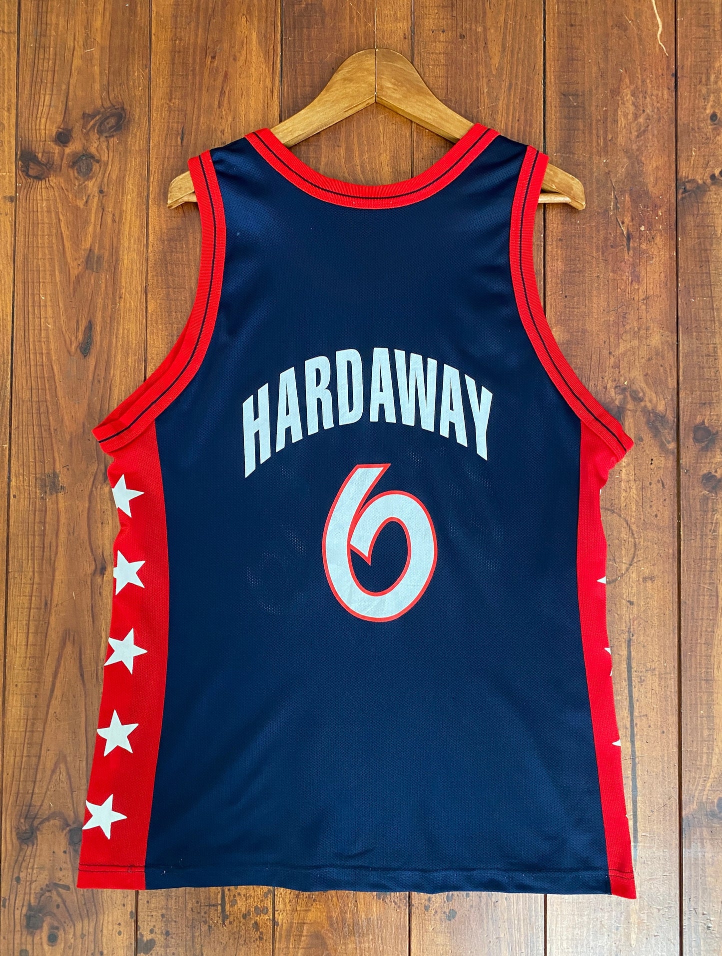 Vintage 90s USA Team Hardaway #6 NBA jersey, size 44 - back view. Proudly made in USA by Champion.