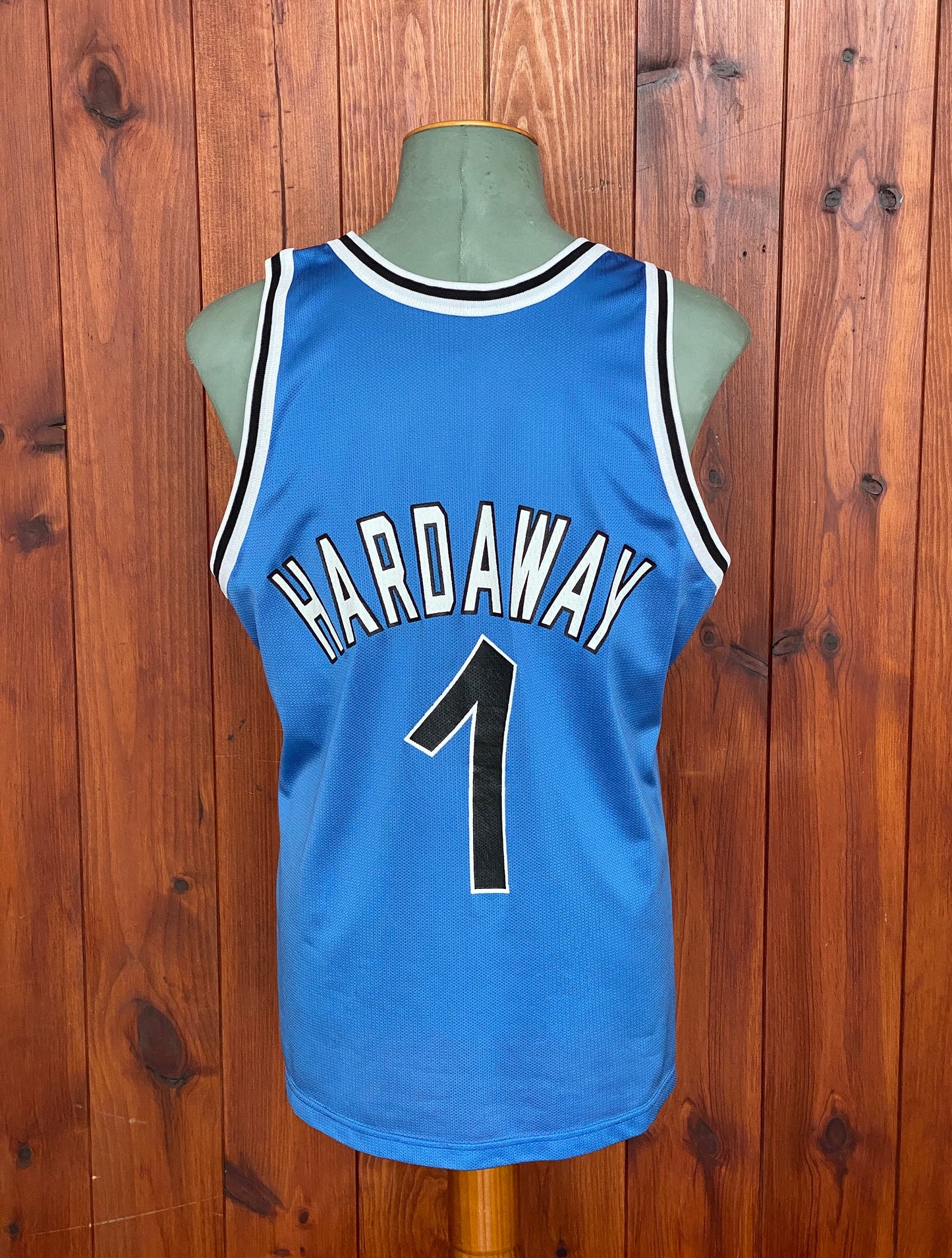 Vintage 90s Champion NBA jersey with player Hardaway #1, size 44 - back view, Orlando Magic. Made in USA.