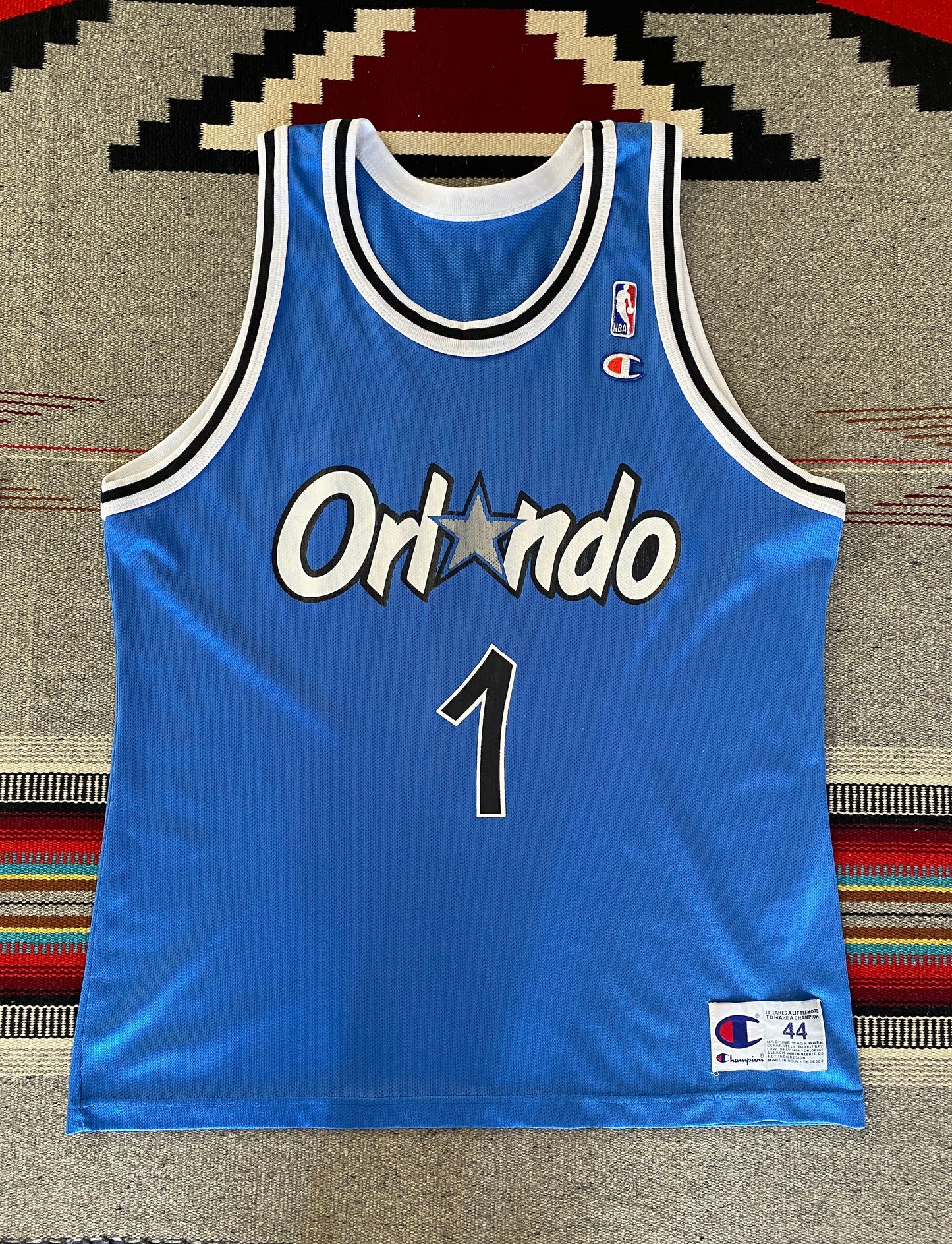 Vintage 90s Champion NBA jersey with player Hardaway #1, size 44 - front view, Orlando Magic. Made in USA.