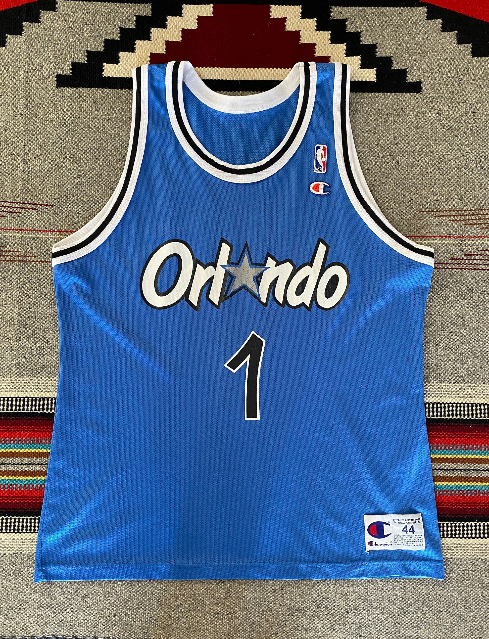 Vintage 90s Champion NBA jersey with player Hardaway #1, size 44 - front view, Orlando Magic. Made in USA.