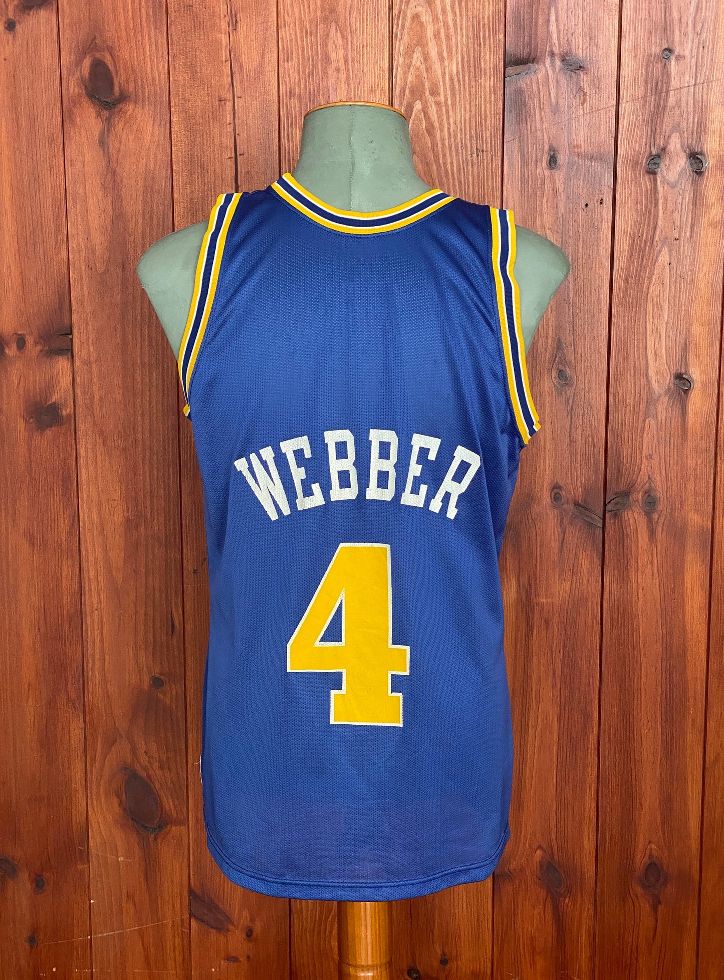 Vintage 90s Champion NBA jersey with player Webber #17, size 44 - back view, Golden State Warriors. Made in USA.