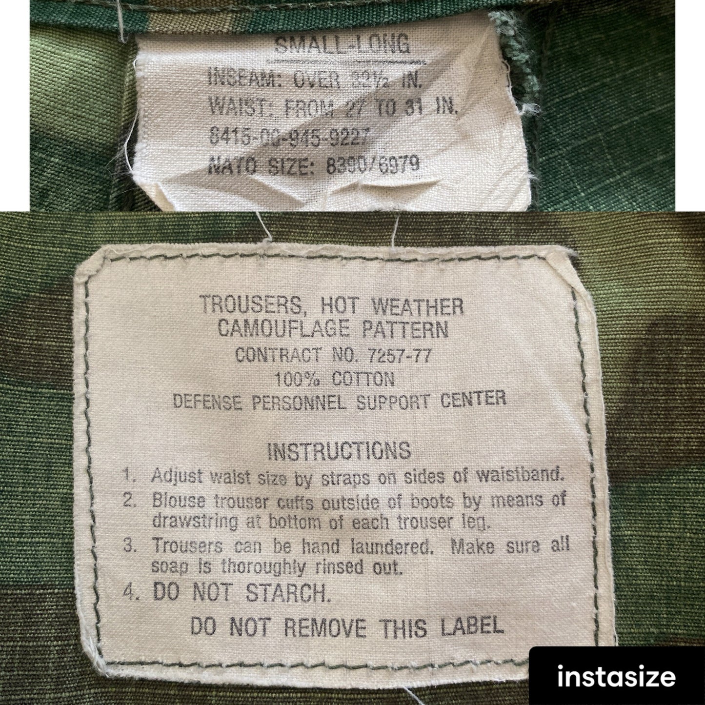Small long. Authentic US Army 1977  camouflage jungle pants.