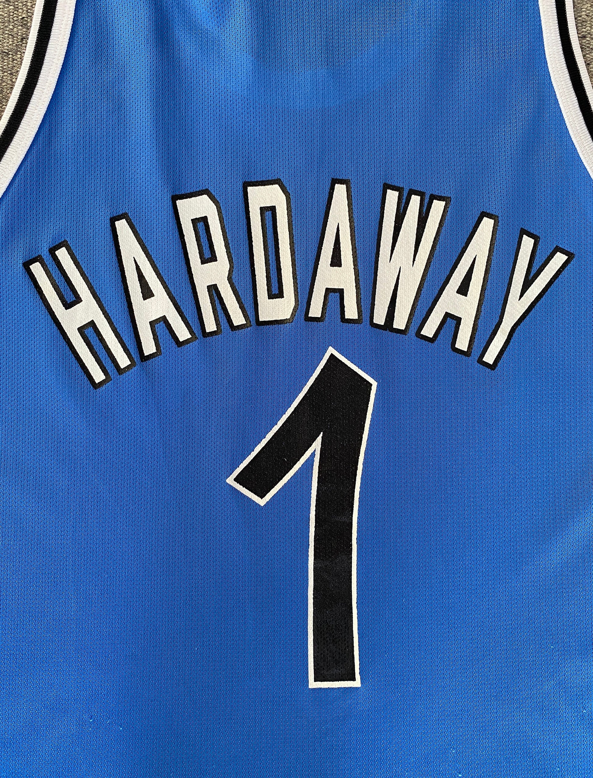 Vintage 90s Champion NBA jersey with player Hardaway #1, size 44 - back view, Orlando Magic. Made in USA.