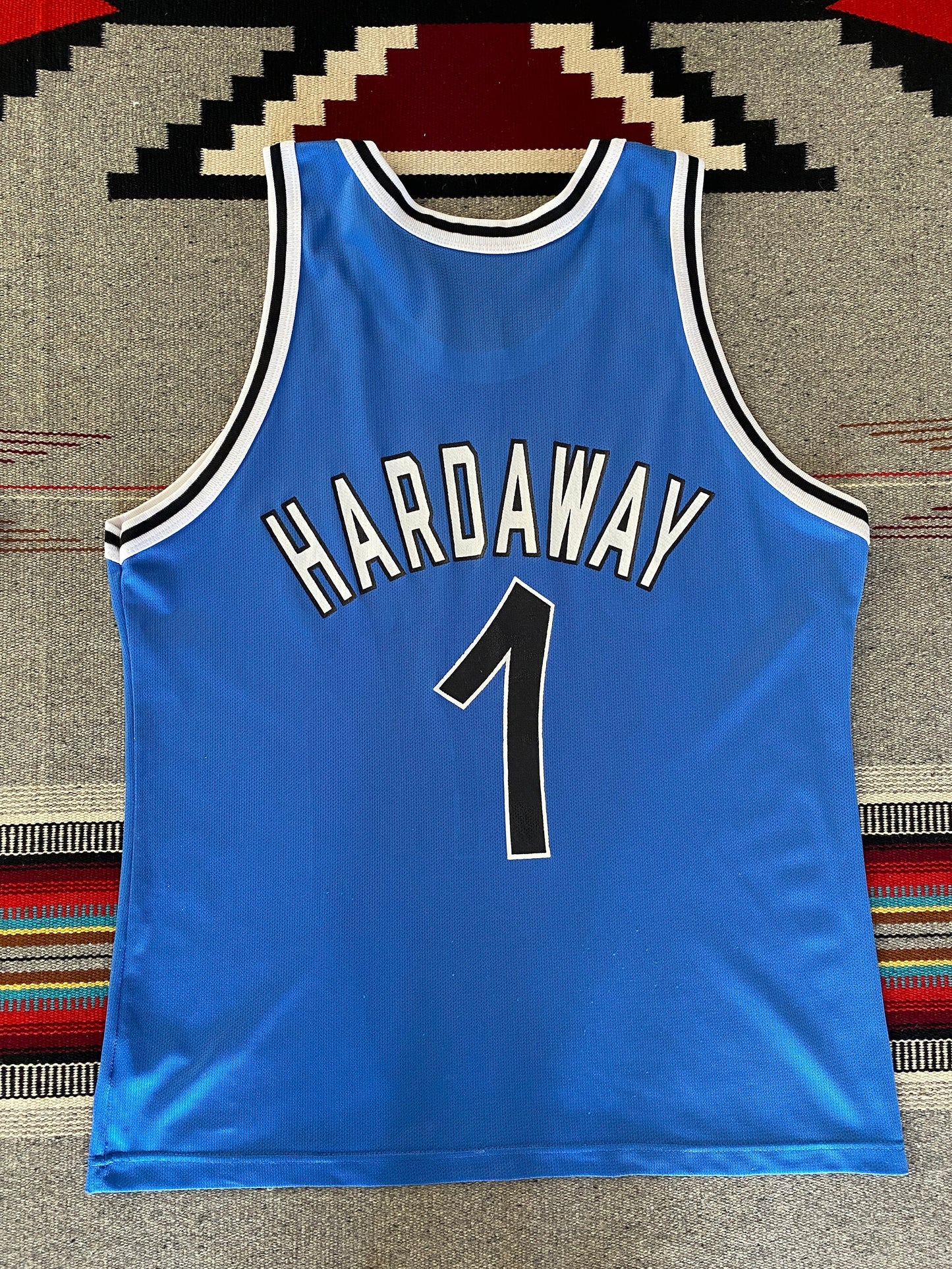 Vintage 90s Champion NBA jersey with player Hardaway #1, size 44 - back view, Orlando Magic. Made in USA.