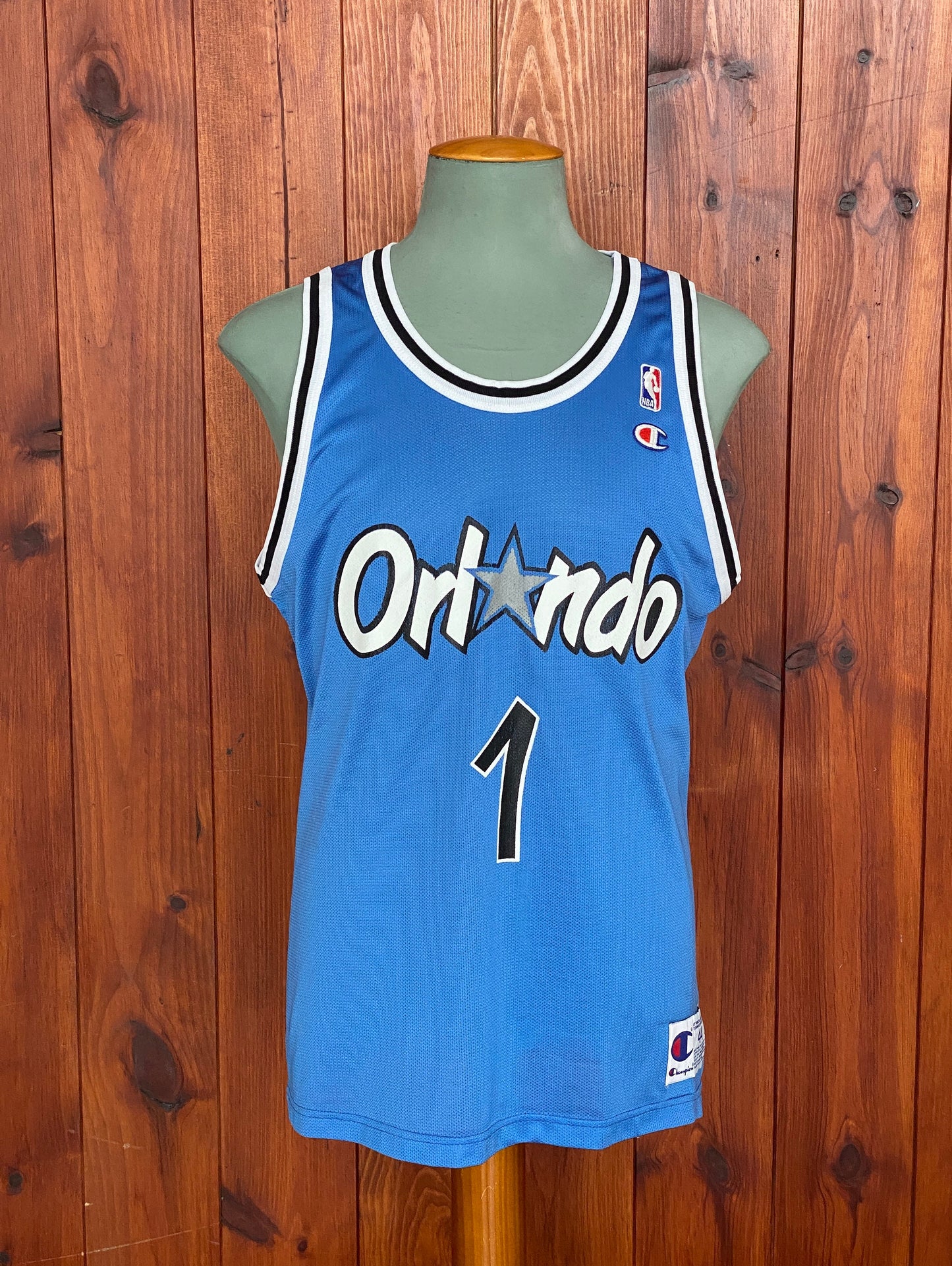 Vintage 90s Champion NBA jersey with player Hardaway #1, size 44 - front view, Orlando Magic. Made in USA.