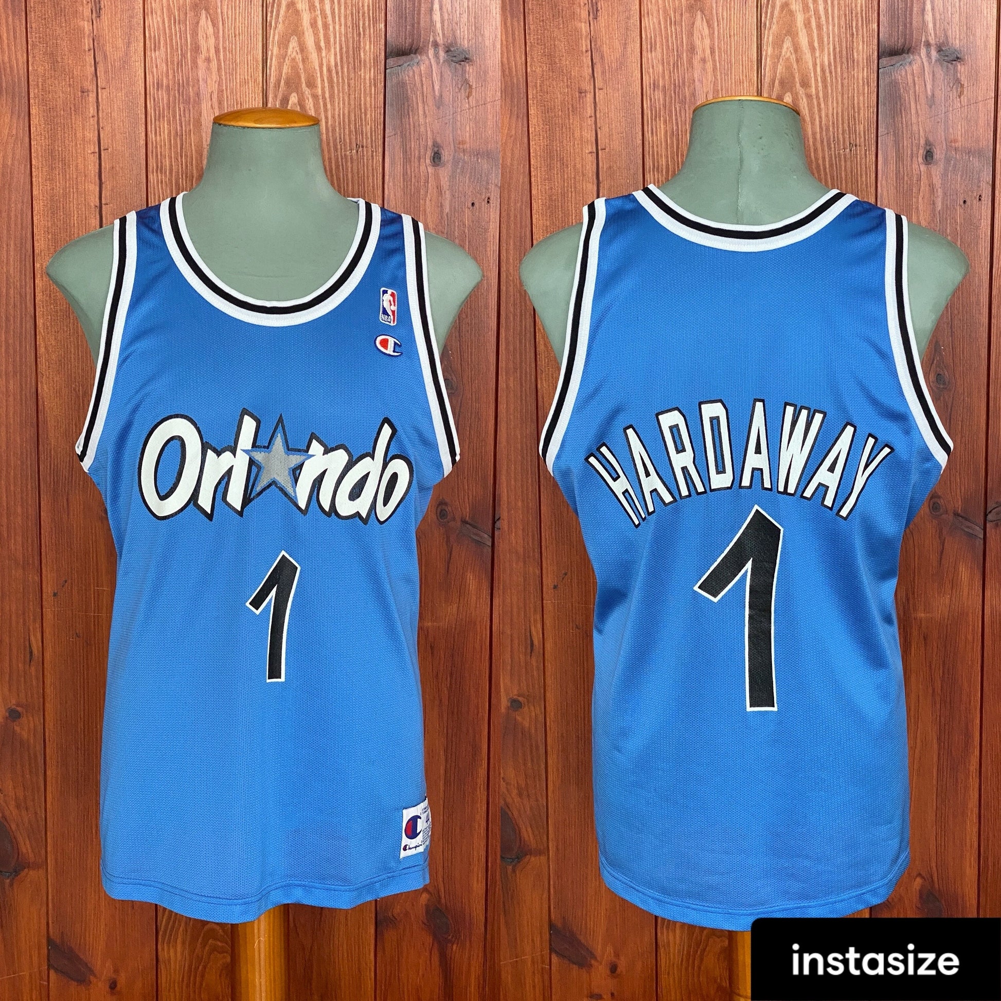 Vintage 90s Champion NBA jersey with player Hardaway #1, size 44 - front view, Orlando Magic. Made in USA.