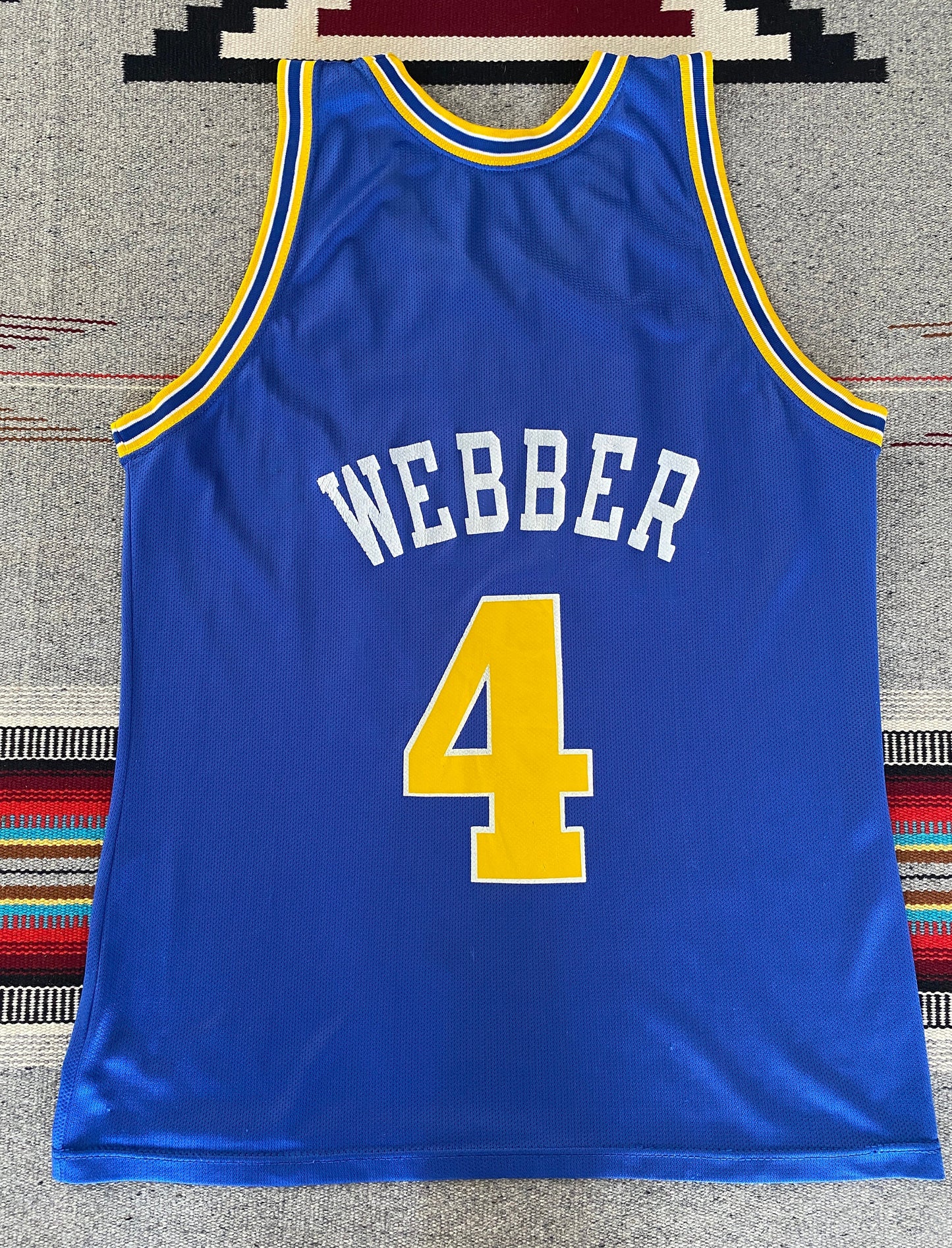 Vintage 90s Champion NBA jersey with player Webber #17, size 44 - back view, Golden State Warriors. Made in USA.