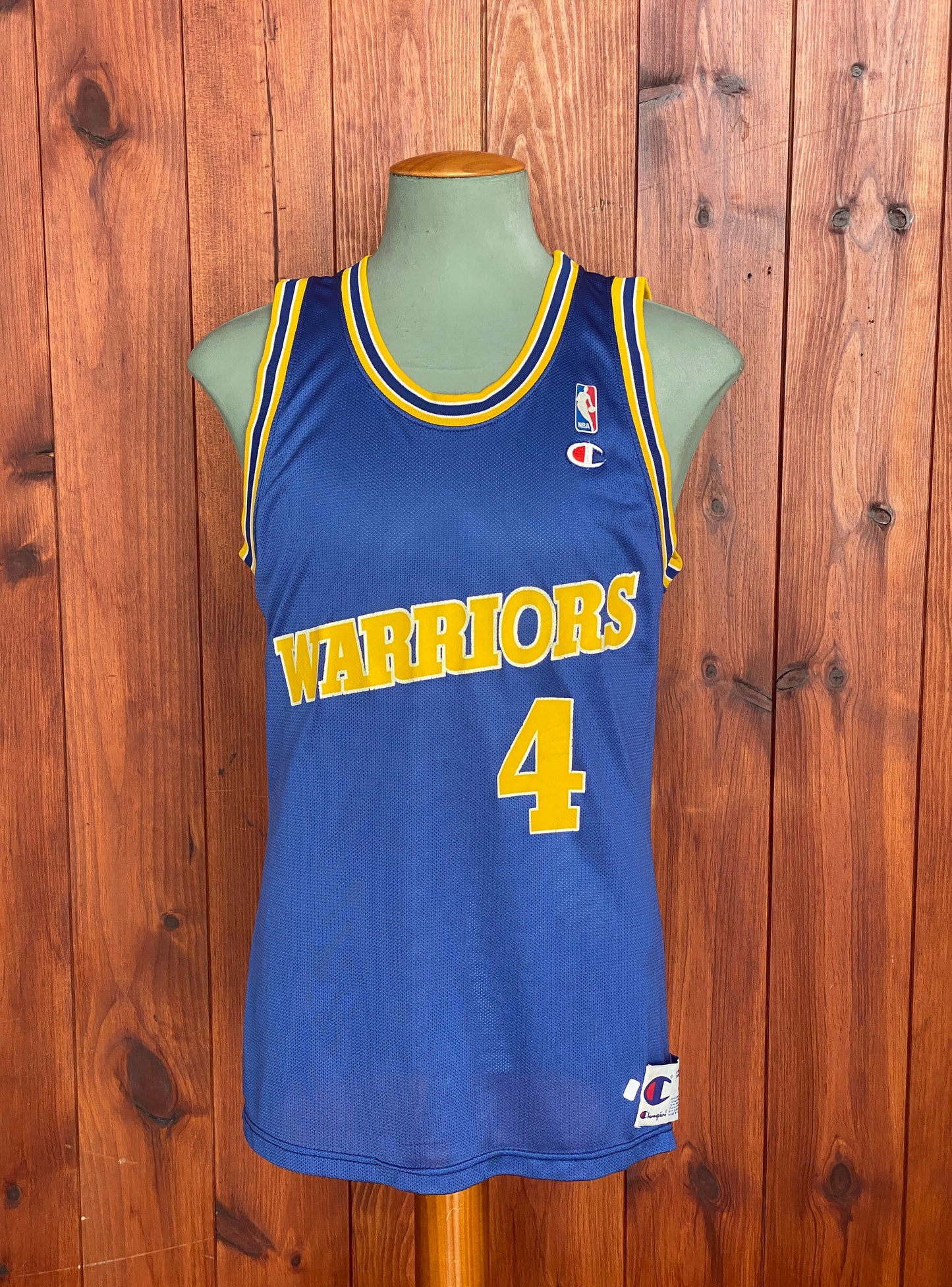 Vintage 90s Champion NBA jersey with player Webber #17, size 44 - front view, Golden State Warriors. Made in USA.