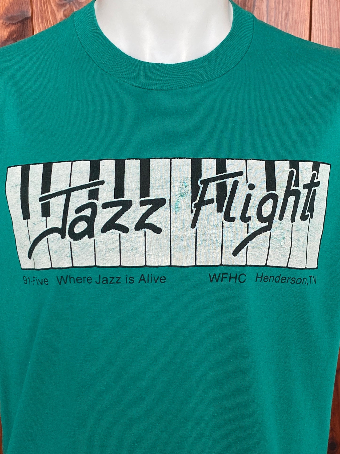 Large. Vintage 50/50 cotton 80s Jazz Flight  t shirt Made In USA