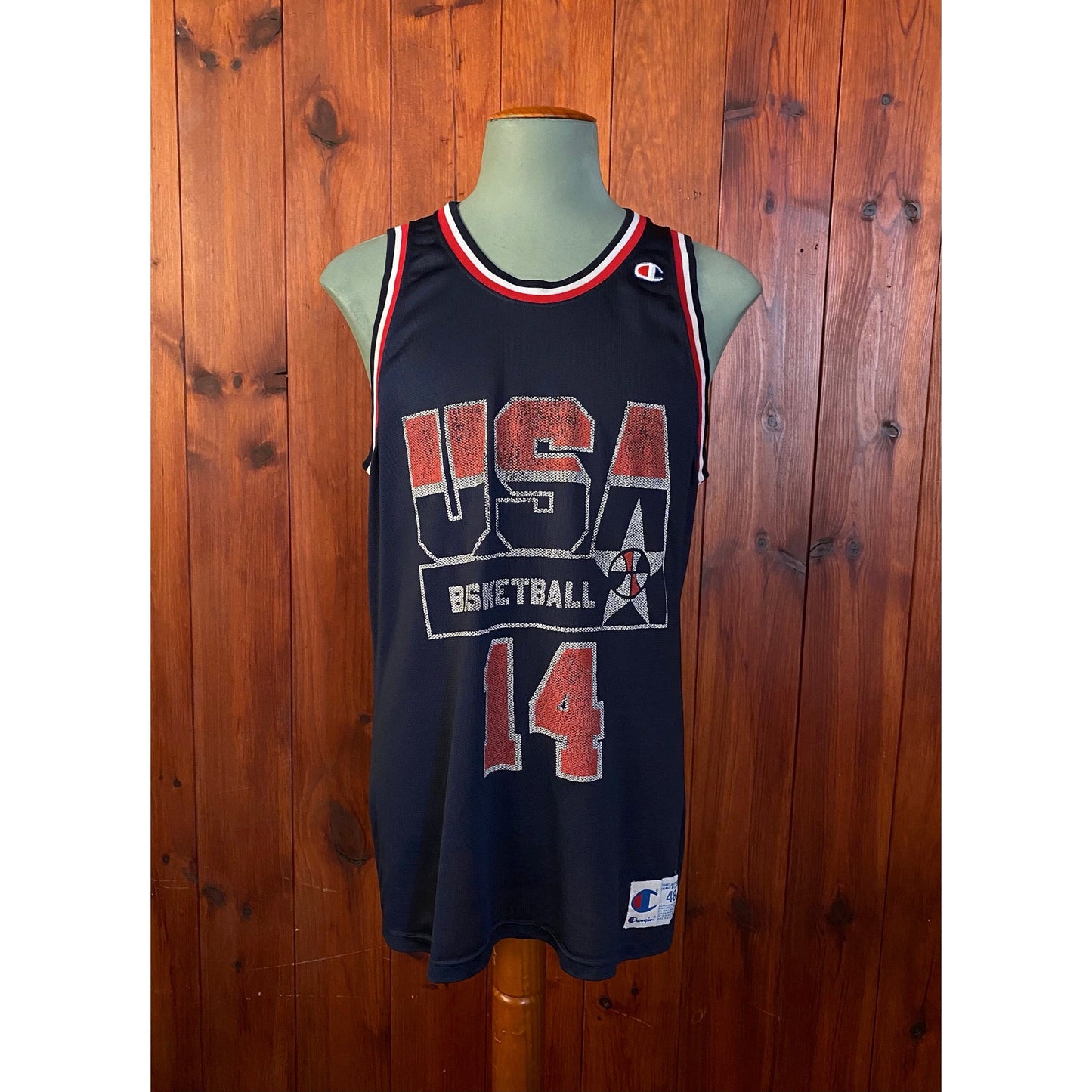 Vintage distressed 90s USA Team Champion NBA jersey with player Mourning #14, size 48 - front view.