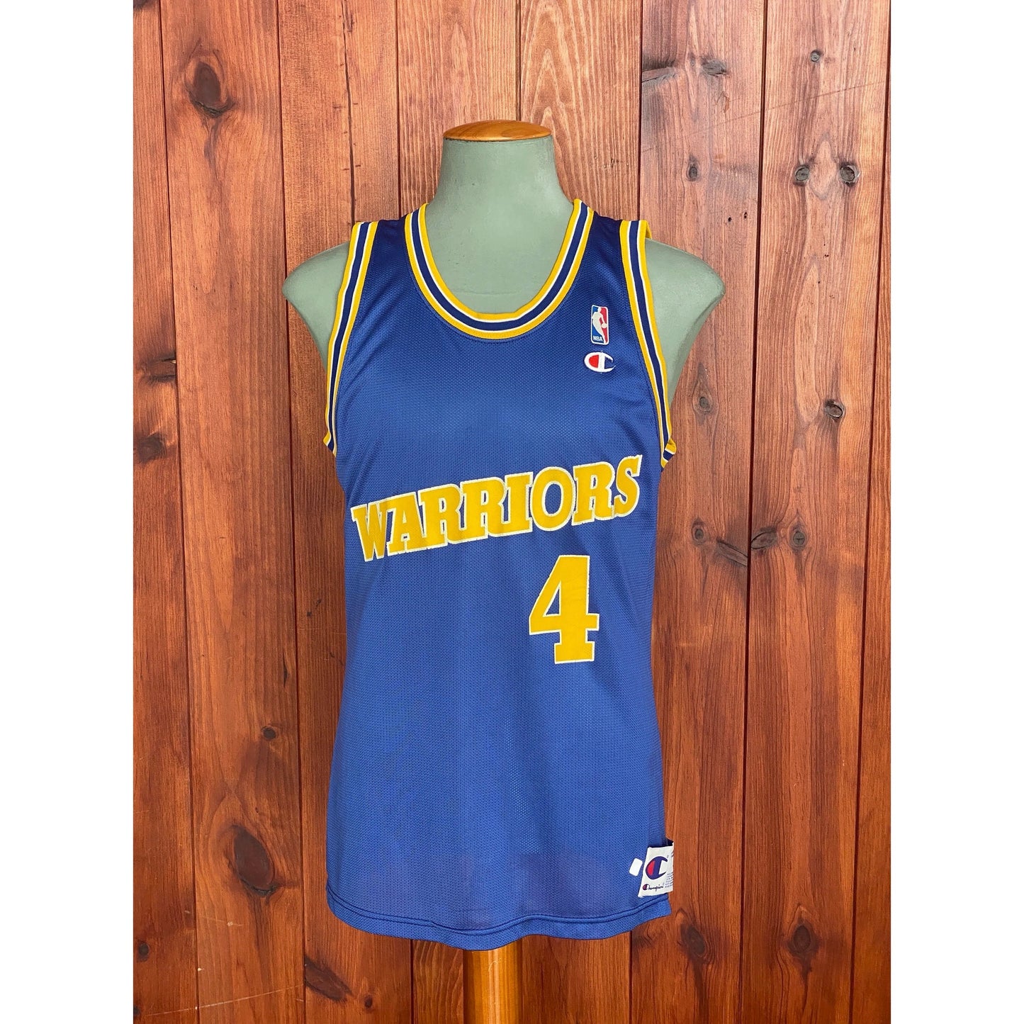 Vintage 90s Champion NBA jersey with player Webber #17, size 44 - front view, Golden State Warriors. Made in USA.