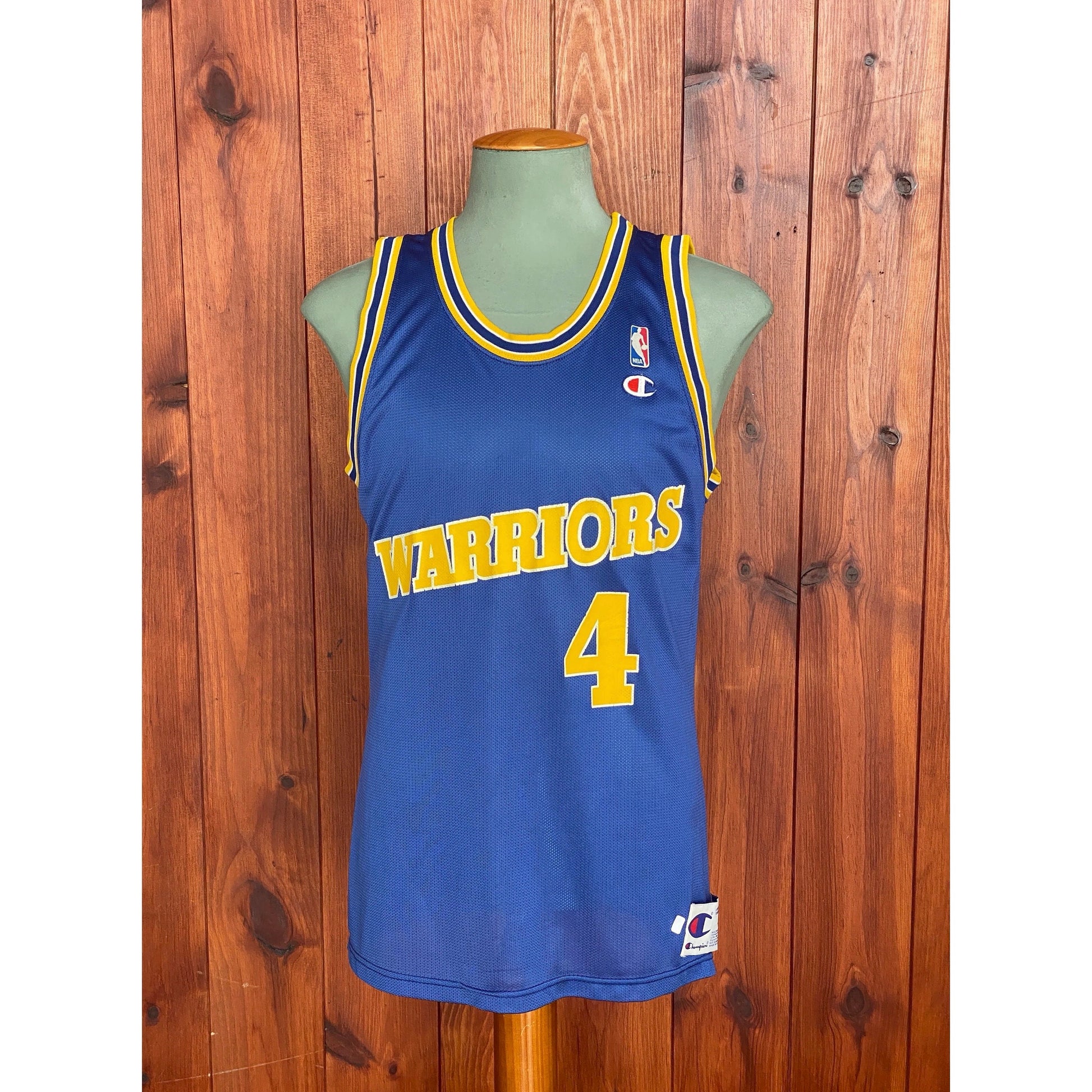 Vintage 90s Champion NBA jersey with player Webber #17, size 44 - front view, Golden State Warriors. Made in USA.