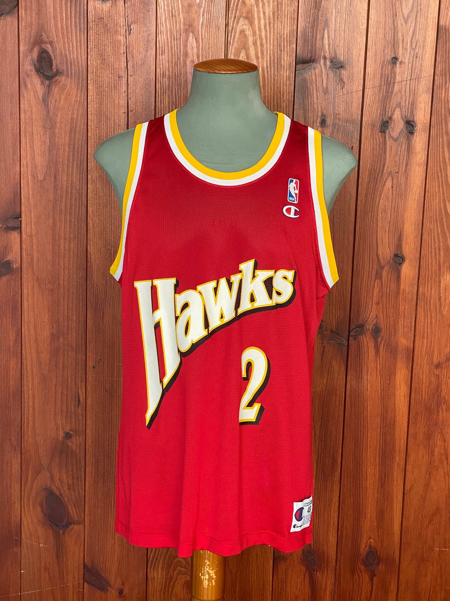 Size 48 Stacey Augmon #2 Hawks 90s Vintage NBA Jersey - Made by Champion in USA - Front View