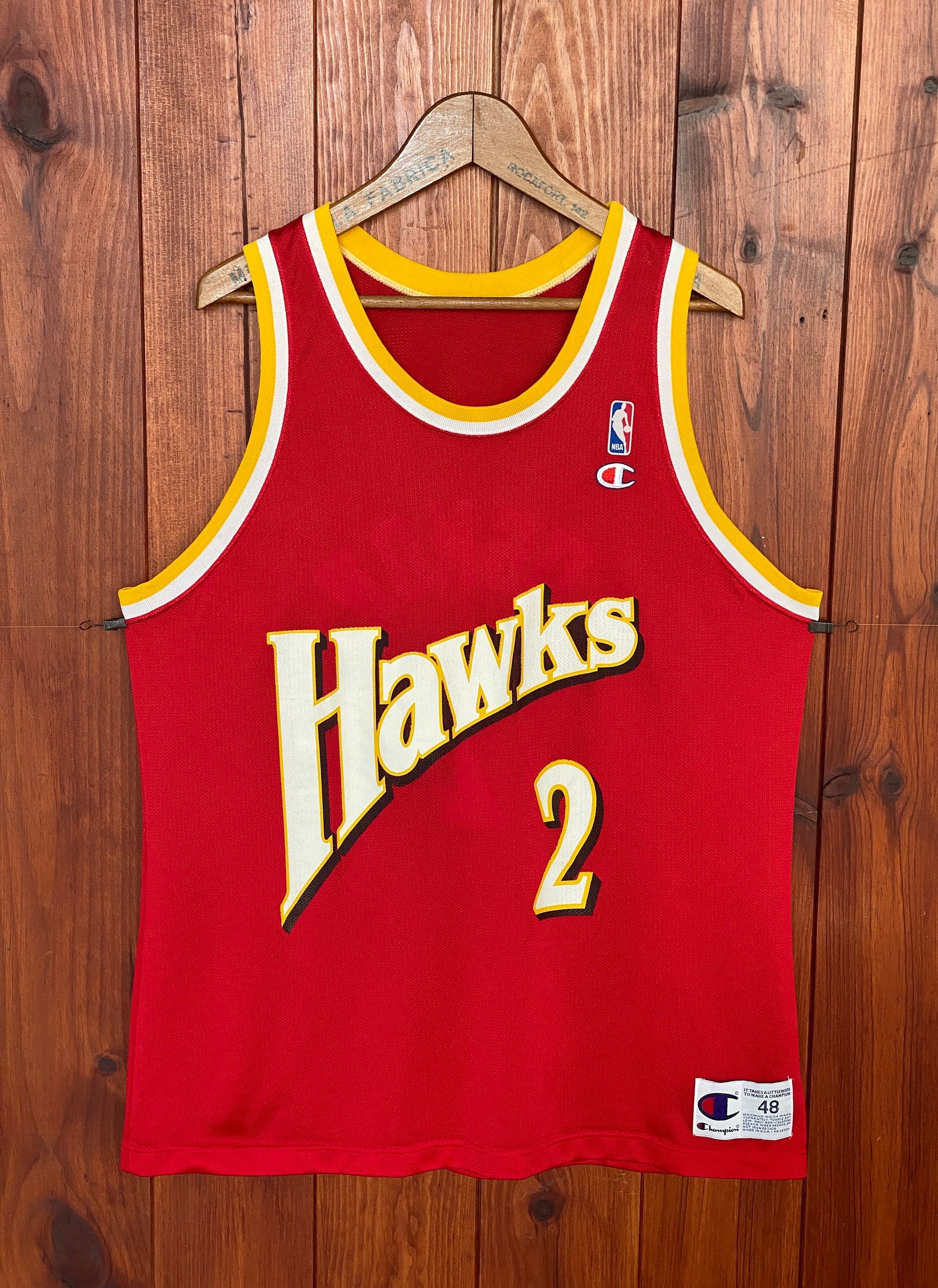 Size 48 Stacey Augmon #2 Hawks 90s Vintage NBA Jersey - Made by Champion in USA - Front View