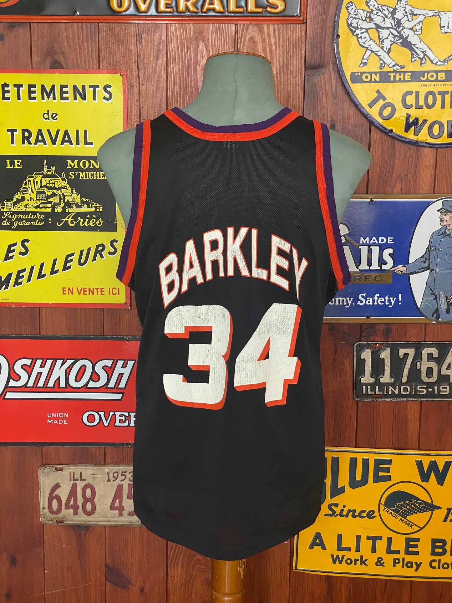 Vintage 90s NBA Phoenix Suns Charles Barkley #34 jersey, size 44 - back view. Made by Champion.