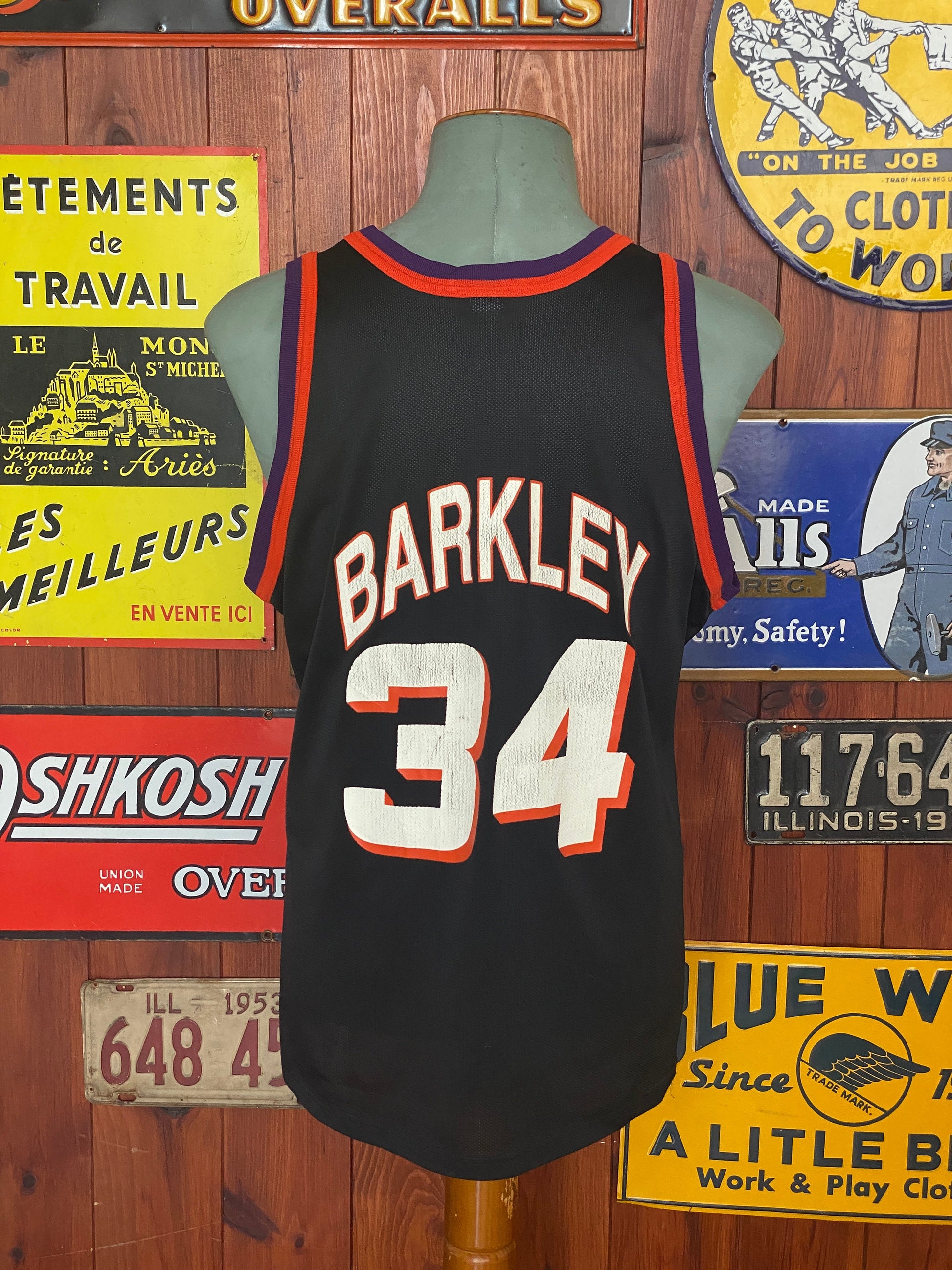 Vintage 90s NBA Phoenix Suns Charles Barkley #34 jersey, size 44 - back view. Made by Champion.