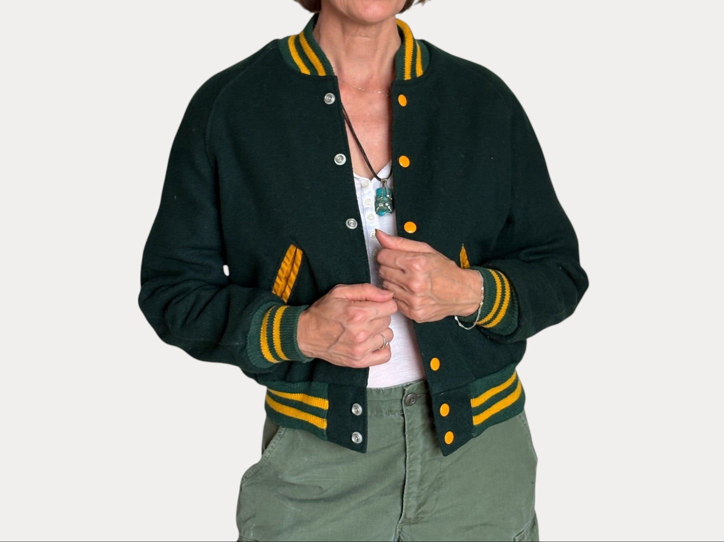 Size 18. Green Vintage 70s varsity jacket Made in USA-AJ357 Studio-AJ357 Studio