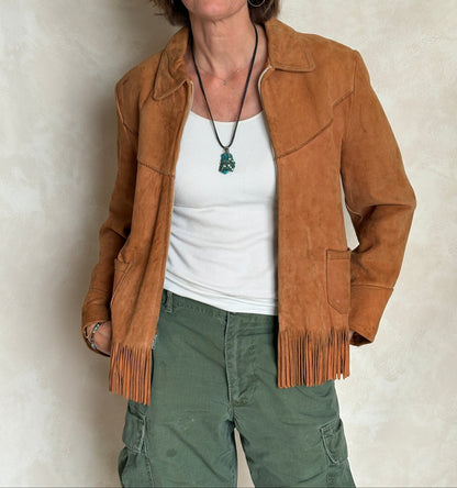 60s Distress women western suede fringe jacket Size 38US-AJ357 Studio