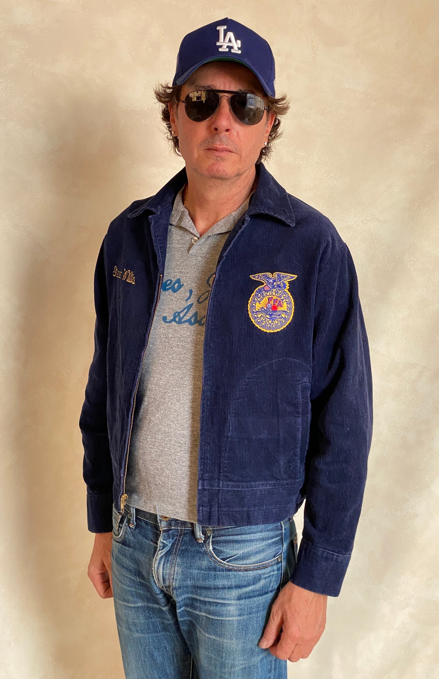 Vintage Oklahoma FFA corduroy jacket, Future Farmers of America style with yellow patch, size 40US 50EU