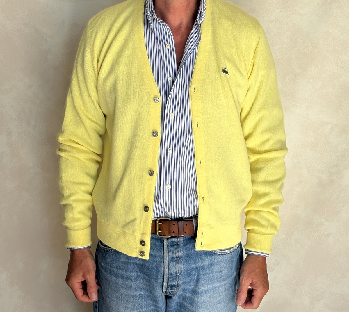 Vintage 80s Izod Lacoste Yellow Knit Cardigan — Medium