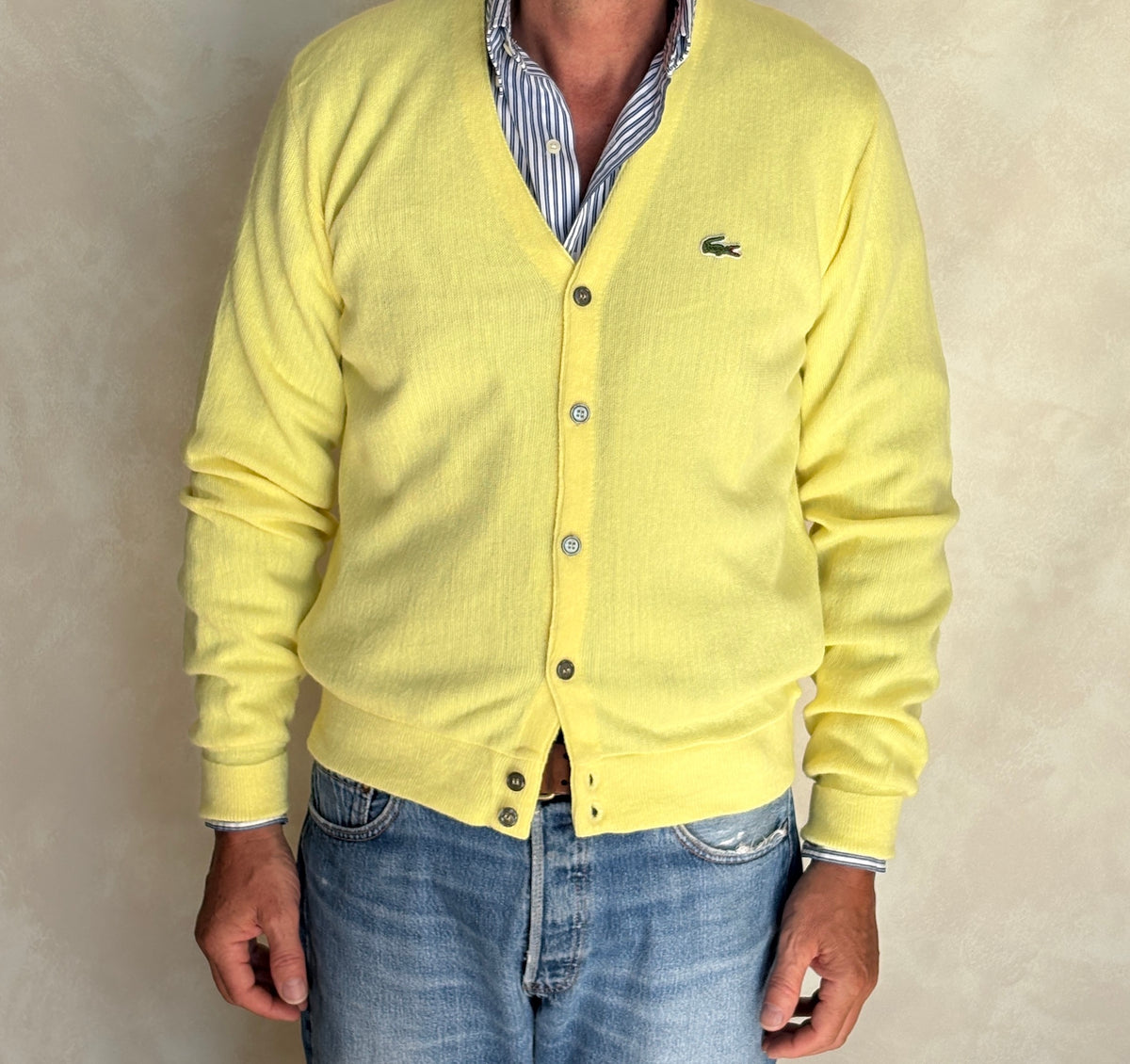 Vintage 80s Izod Lacoste Yellow Knit Cardigan — Medium