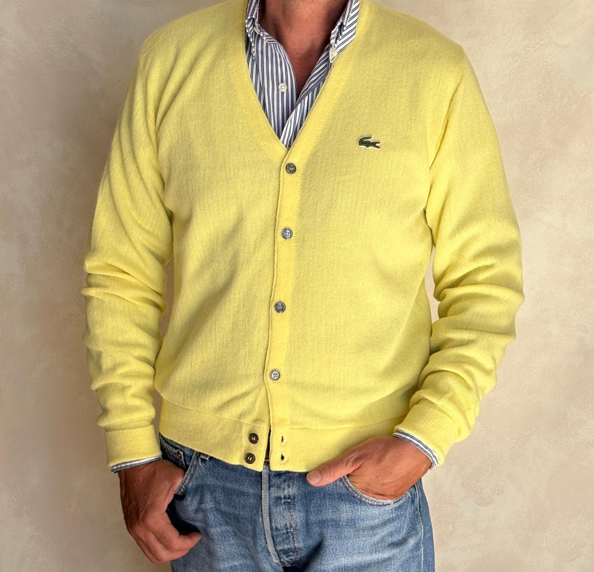 Vintage 80s Izod Lacoste Yellow Knit Cardigan — Medium
