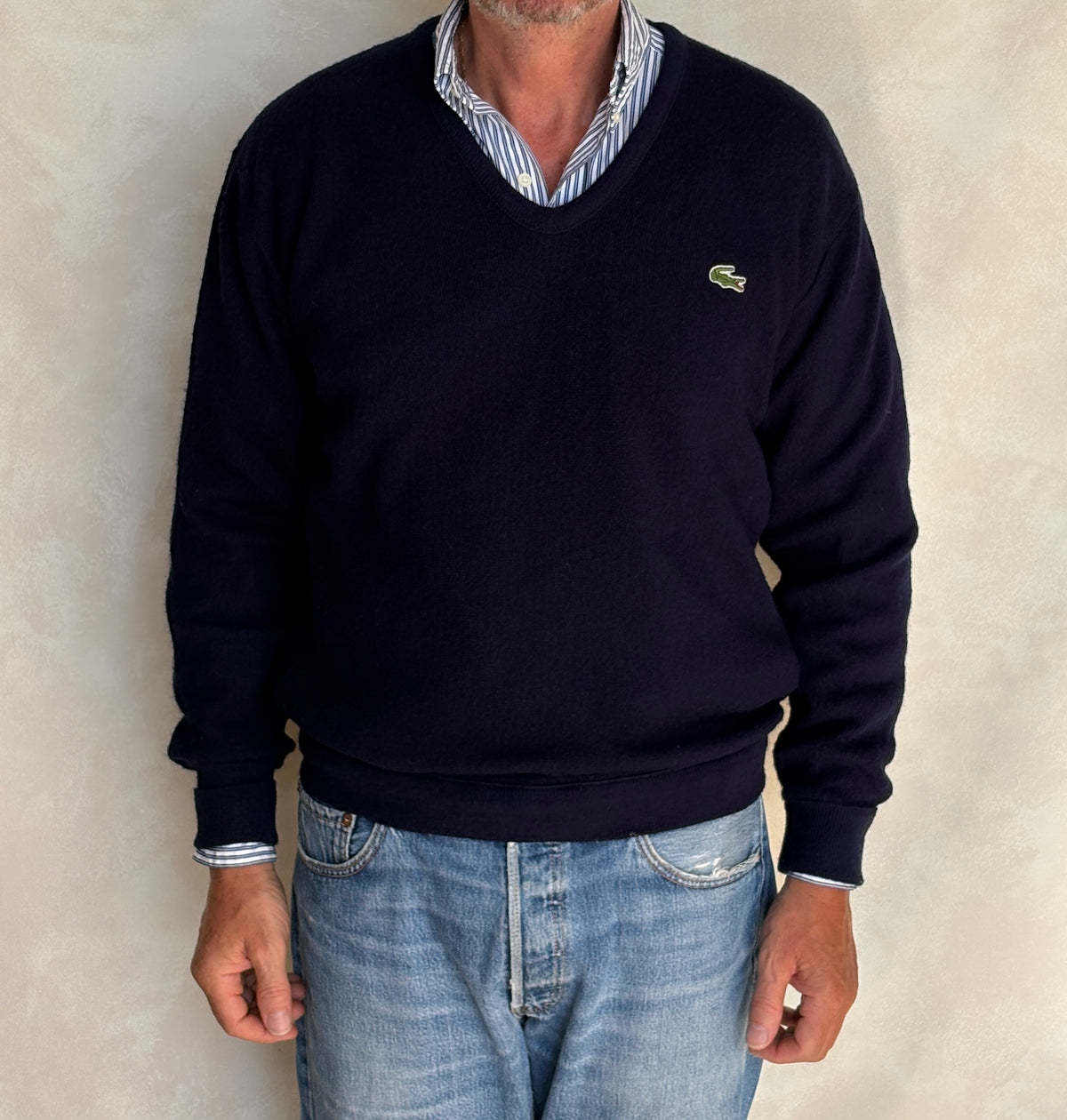 Vintage 80s Izod Lacoste Navy V-Neck Sweater — Large