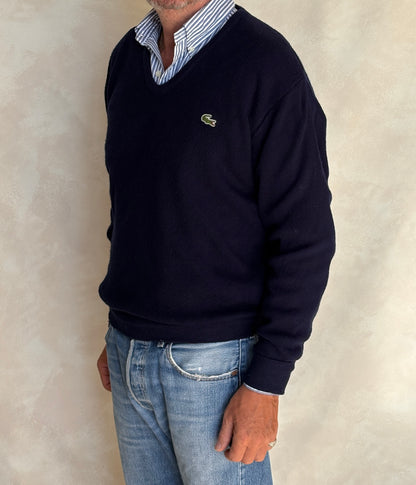 Vintage 80s Izod Lacoste Navy V-Neck Sweater — Large