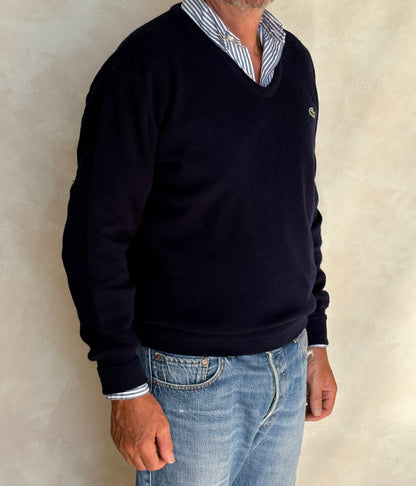 Vintage 80s Izod Lacoste Navy V-Neck Sweater — Large
