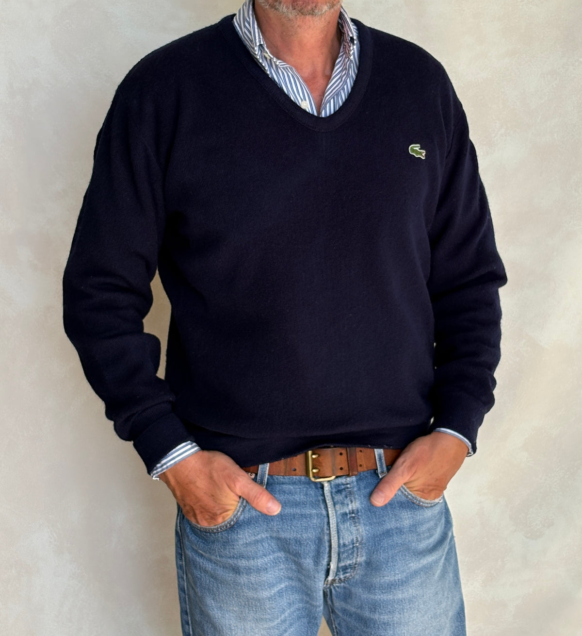 Vintage 80s Izod Lacoste Navy V-Neck Sweater — Large