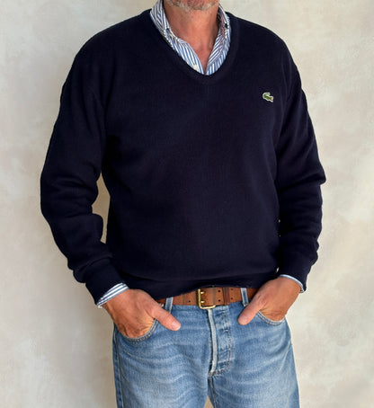 Vintage 80s Izod Lacoste Navy V-Neck Sweater — Large