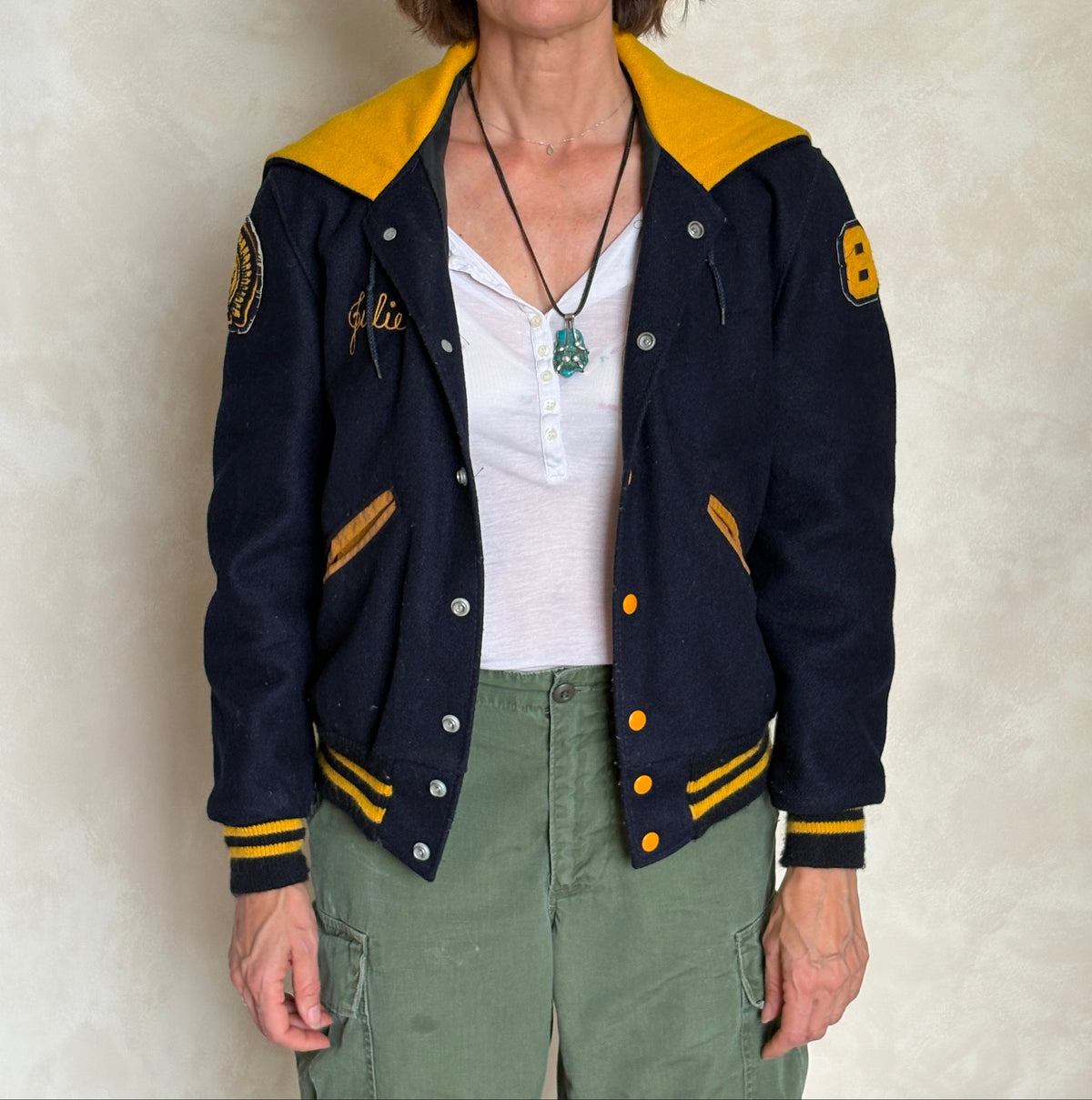 Large. Vintage 60s Varsity wool and leather jacket Made in USA-AJ357 Studio