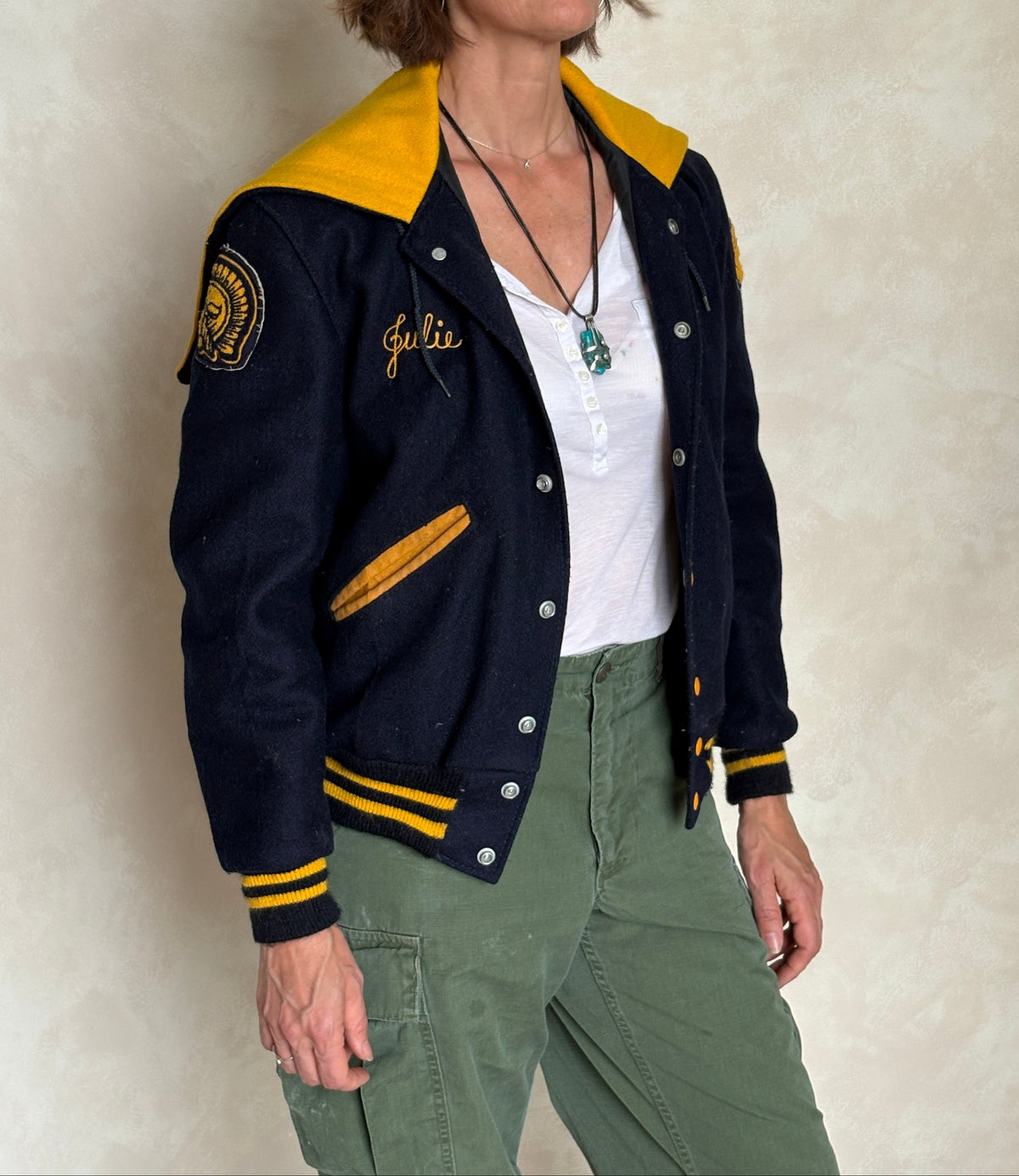 Large. Vintage 60s Varsity wool and leather jacket Made in USA-AJ357 Studio